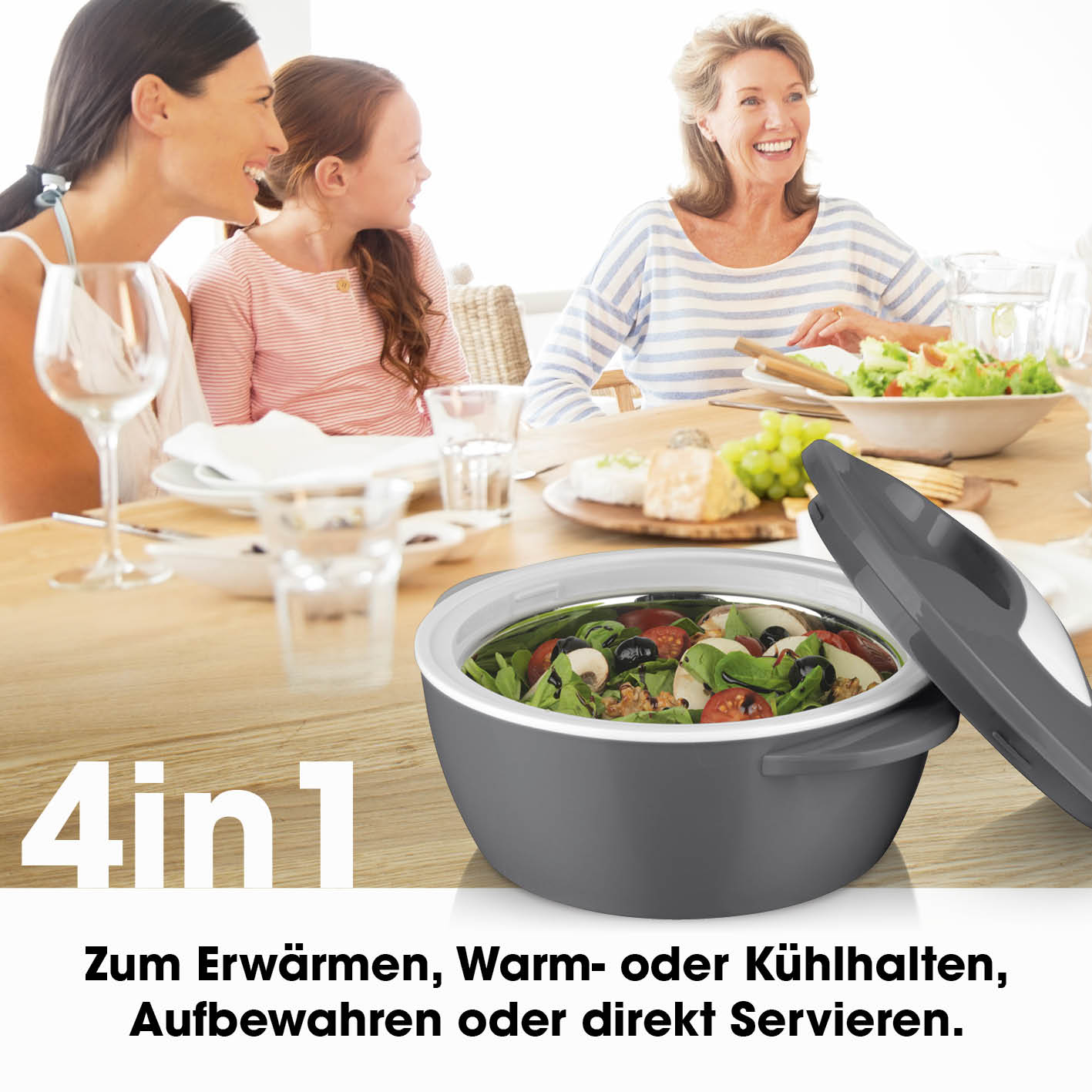 Thermo-Schüssel Mikrowelle - 850 ml - grau/weiß, doppelwandig, Edelstahl-Einsatz, hält Speisen bis zu 5 Stunden warm oder kalt.