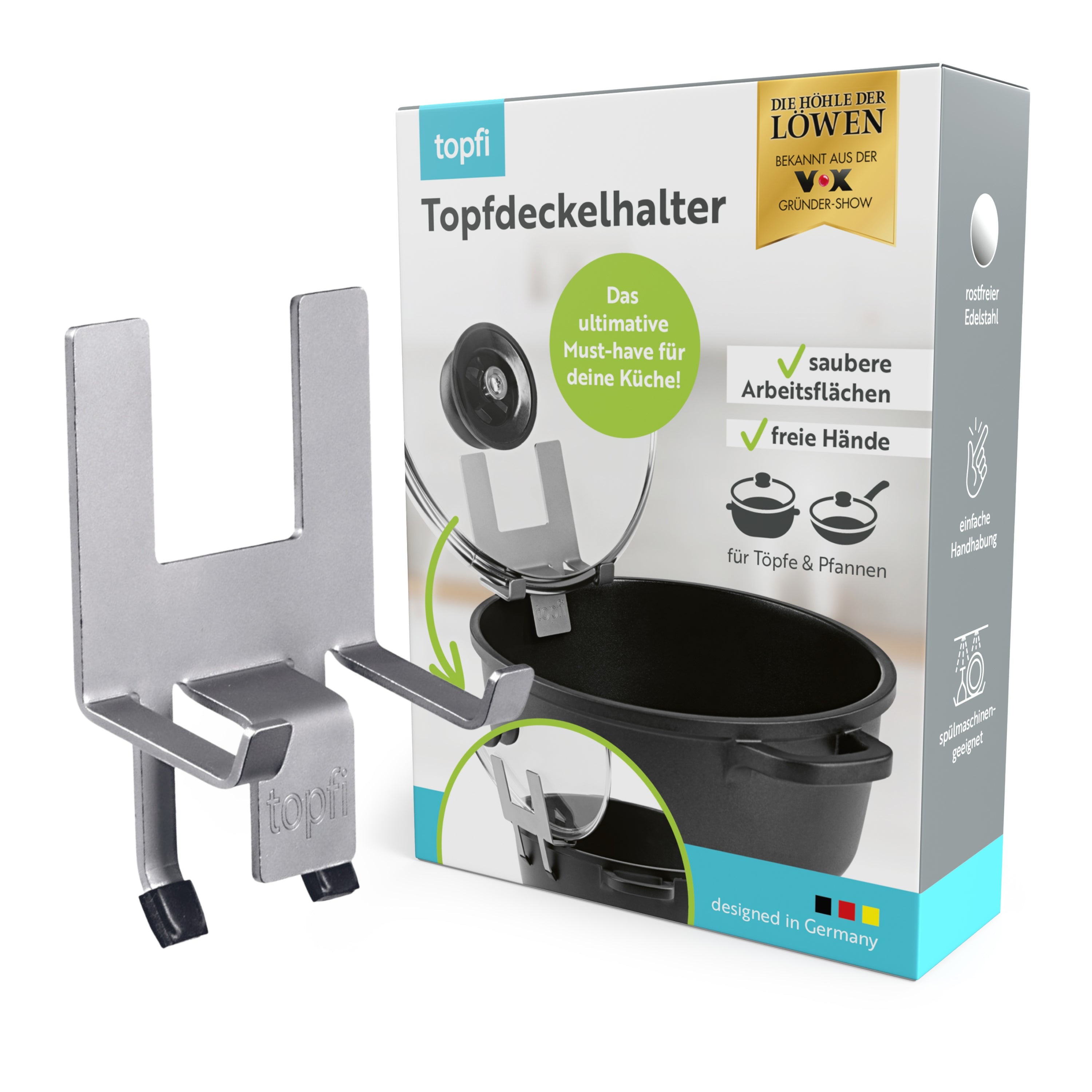 Topfdeckelhalter für Töpfe & Pfannen aus Edelstahl mit rutschfesten Silikonfüßen für saubere Arbeitsflächen und Überkochschutz.