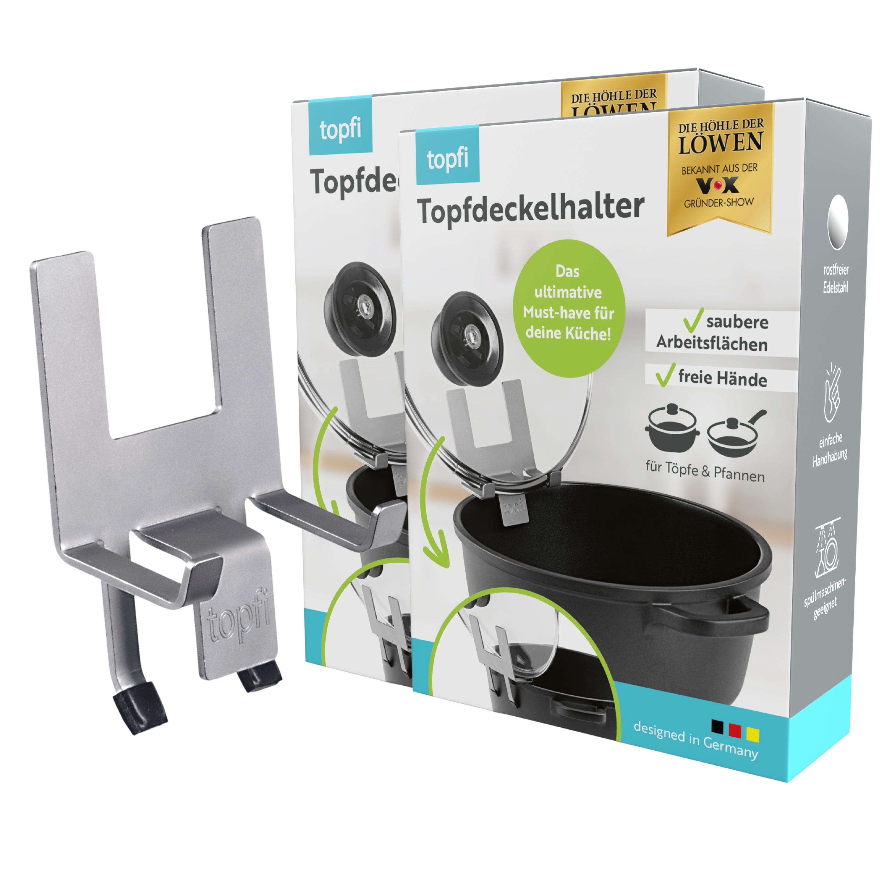 Topfdeckelhalter für Töpfe & Pfannen - 2er-Set aus Edelstahl mit Silikonfüßen, verhindert Verrutschen und schützt vor Überkochen.