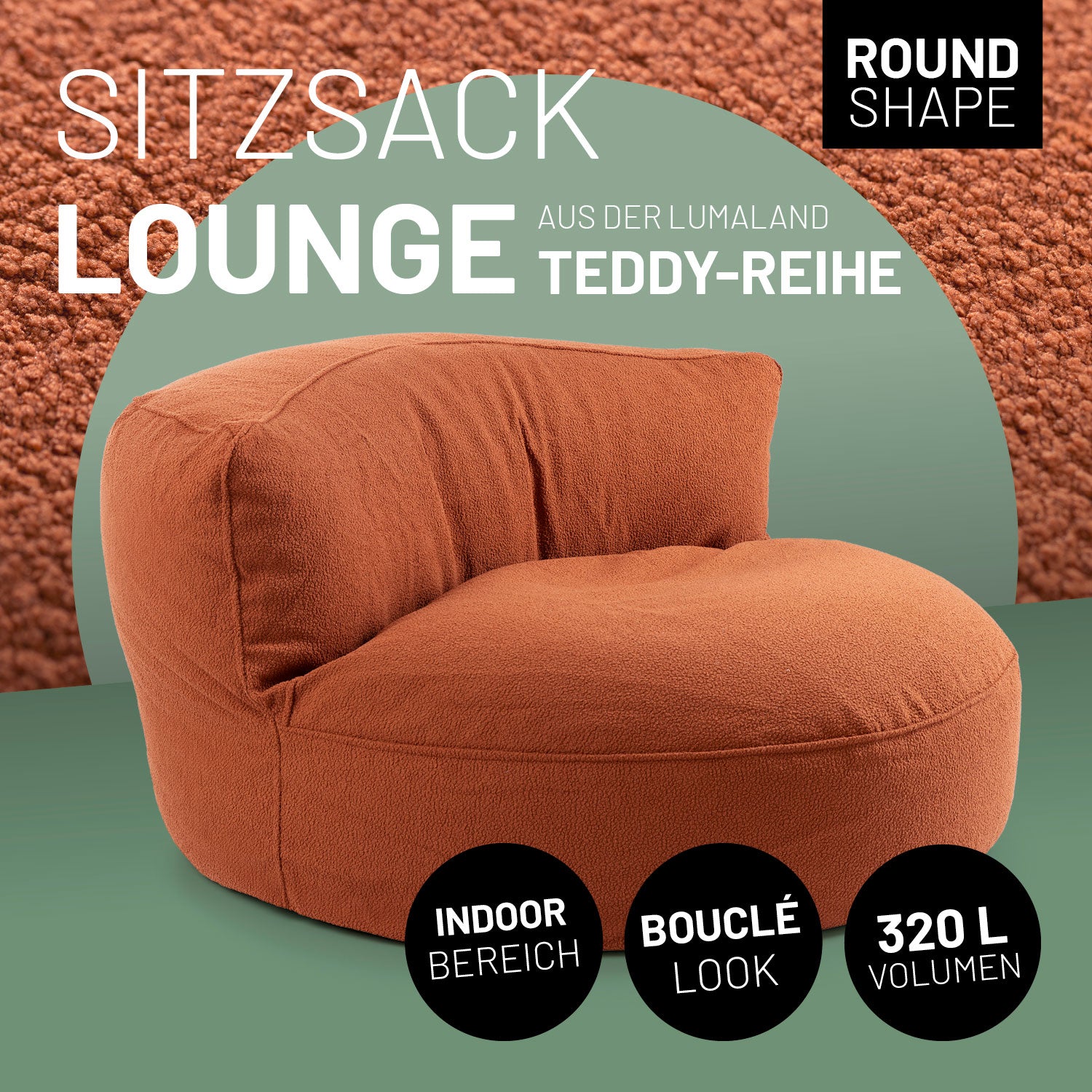 Sitzsack Lounge aus der LUMALAND Teddy-Reihe - Terracotta, plüschiges Lounge-Sofa mit robustem Boden und weicher Füllung, modern und kompakt.
