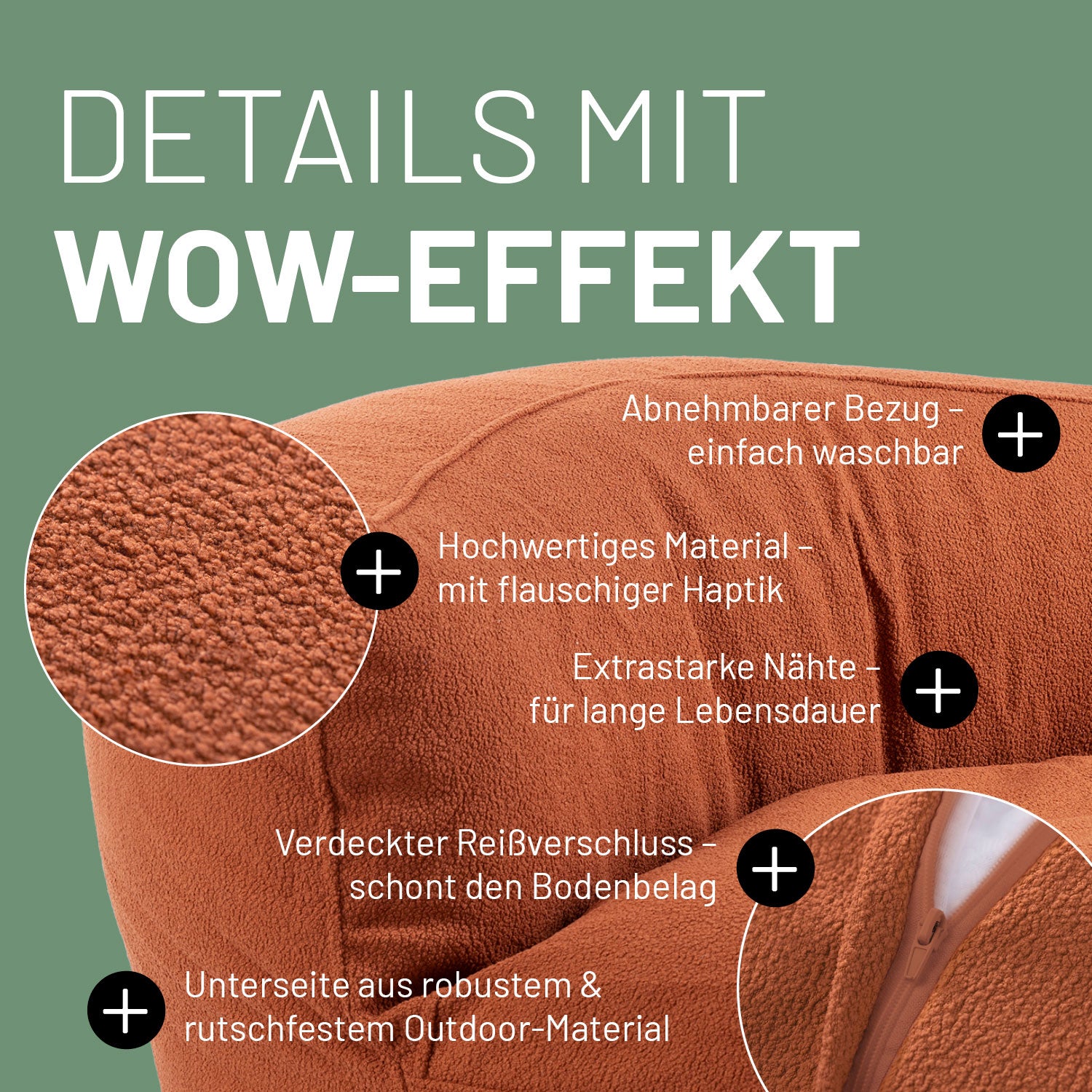 Sitzsack Lounge aus der LUMALAND Teddy-Reihe - Terracotta mit weichem Bezug, robustem Boden und abnehmbarem, waschbarem Bezug.