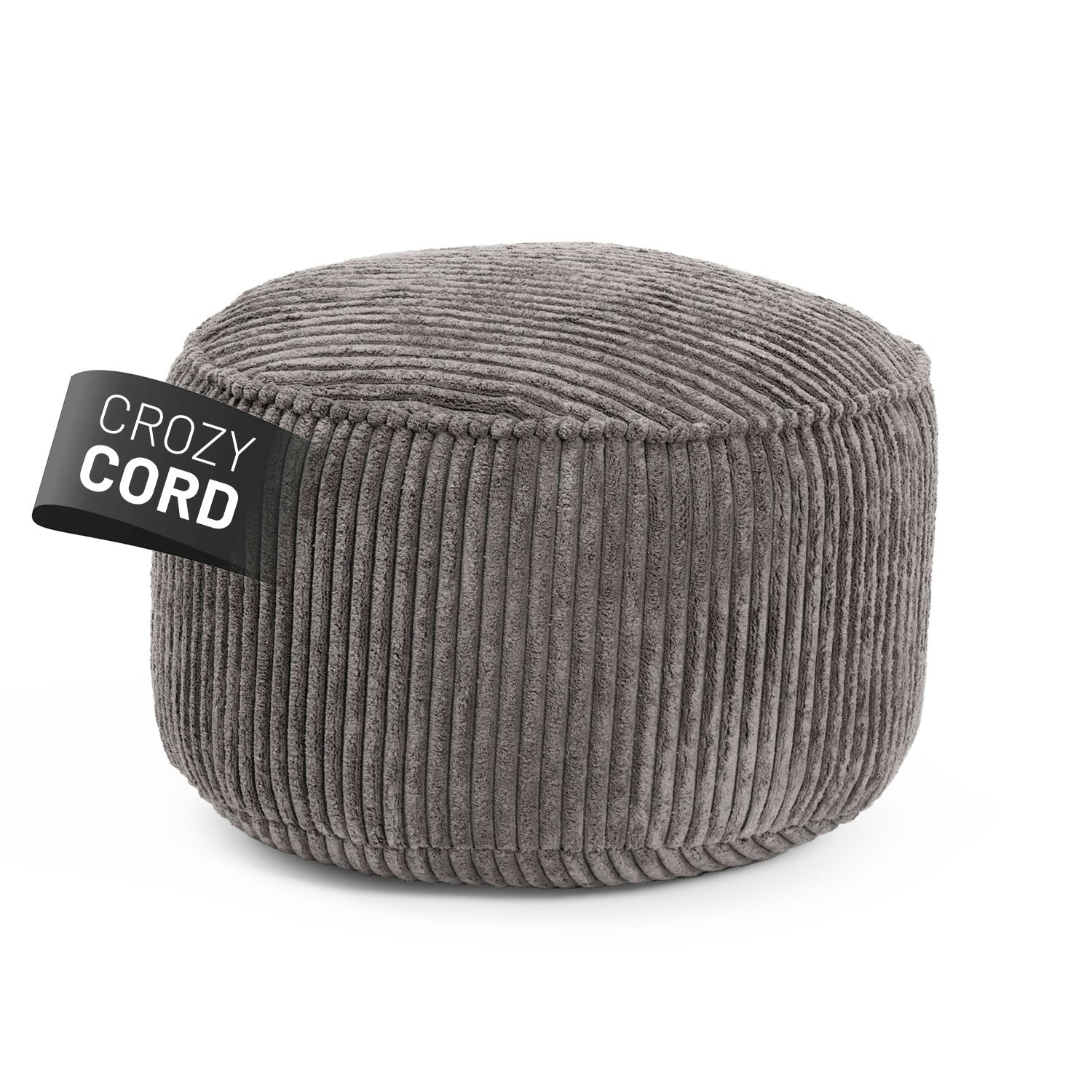 Sitzsack Pouf aus der Cord-Reihe - Grau mit geripptem Stoffbezug, vielseitig als Hocker, Schemel oder Ablage nutzbar.