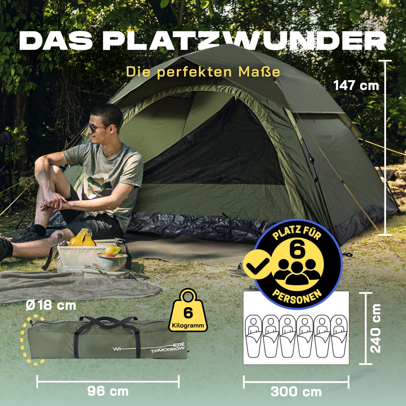 Mann sitzt neben Pop-up-Wurfzelt im Wald, Zelt bietet Platz für sechs Personen, Maße und Gewicht sind dargestellt.