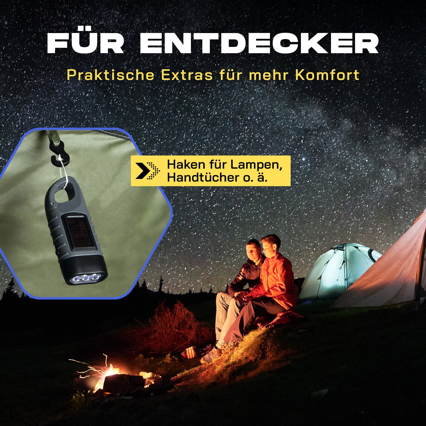 Pop-up-Wurfzelt mit Haken für Lampen und Handtücher, Ideal für Camping unter klarem Sternenhimmel mit Lagerfeuer und Entdeckern.
