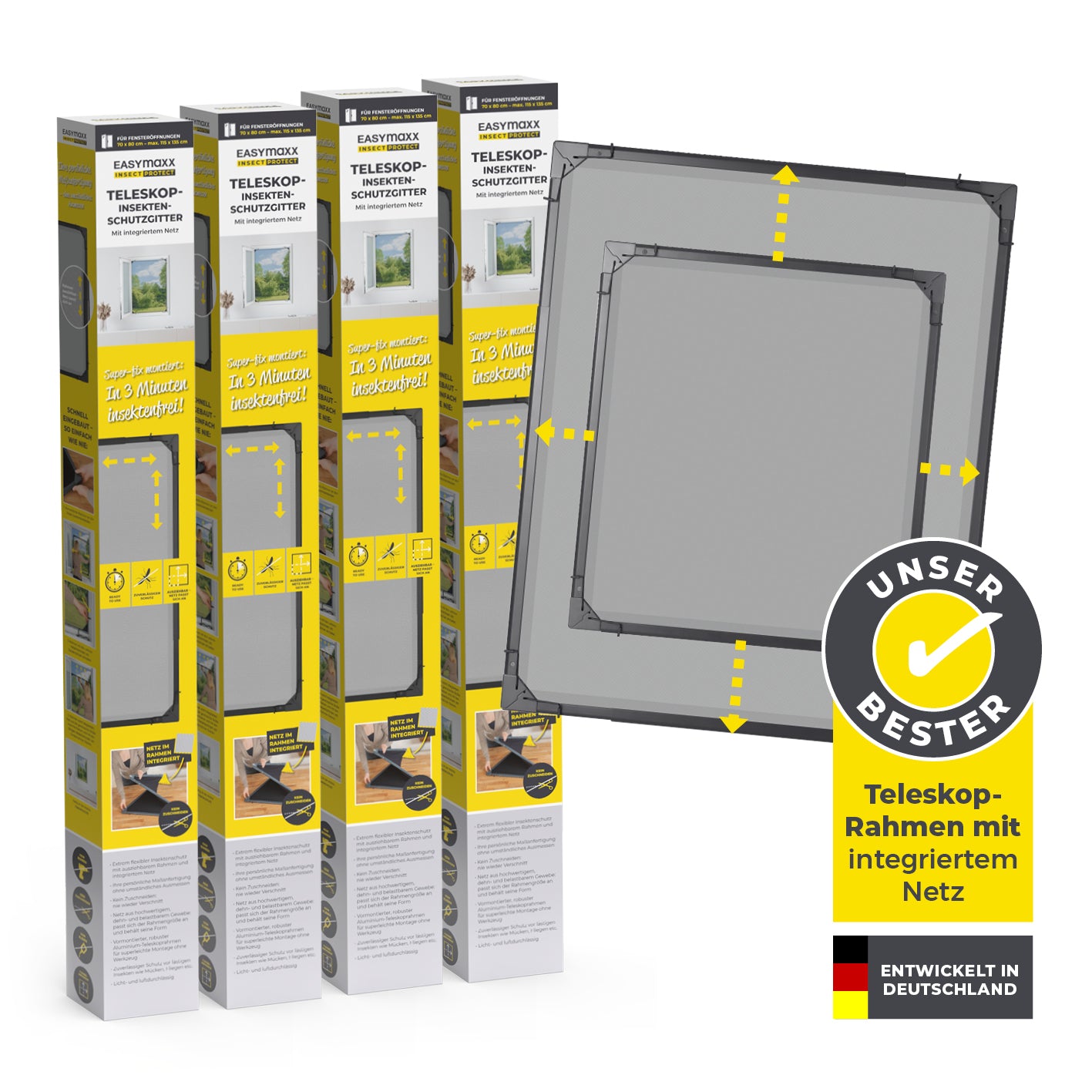 Teleskop-Insektenschutzgitter mit integriertem Netz - 4er-Set - anthrazit, verstellbarer Rahmen für passgenauen Schutz ohne Bohren oder Zuschneiden.