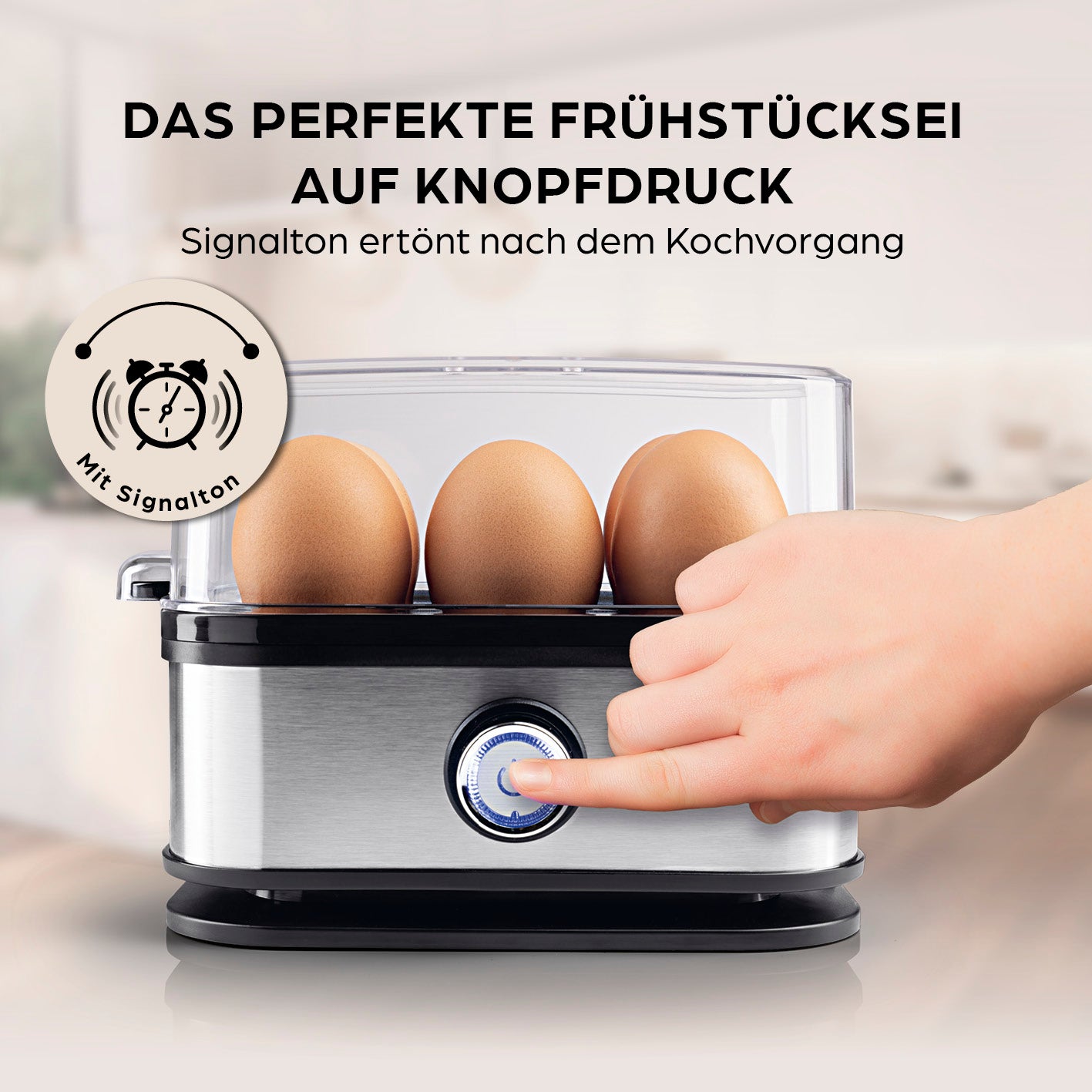 Design-Eierkocher 6 Eier - Edelstahl mit Signalton für perfektes Frühstücksei auf Knopfdruck und einfache Bedienung