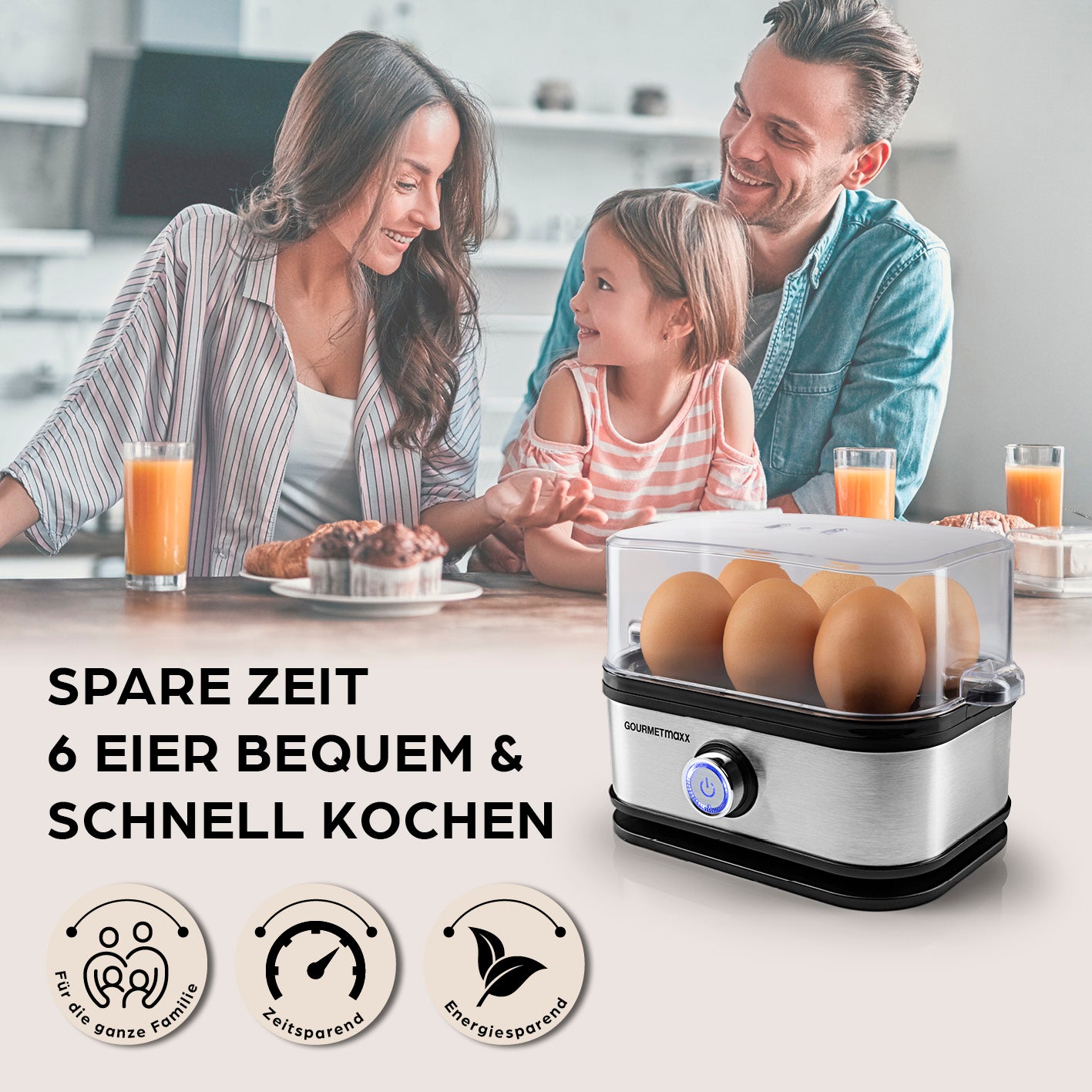 Design-Eierkocher 6 Eier - Edelstahl mit Timer, energiesparend und ideal für Familien zur schnellen Zubereitung von Eiern ohne Herd.