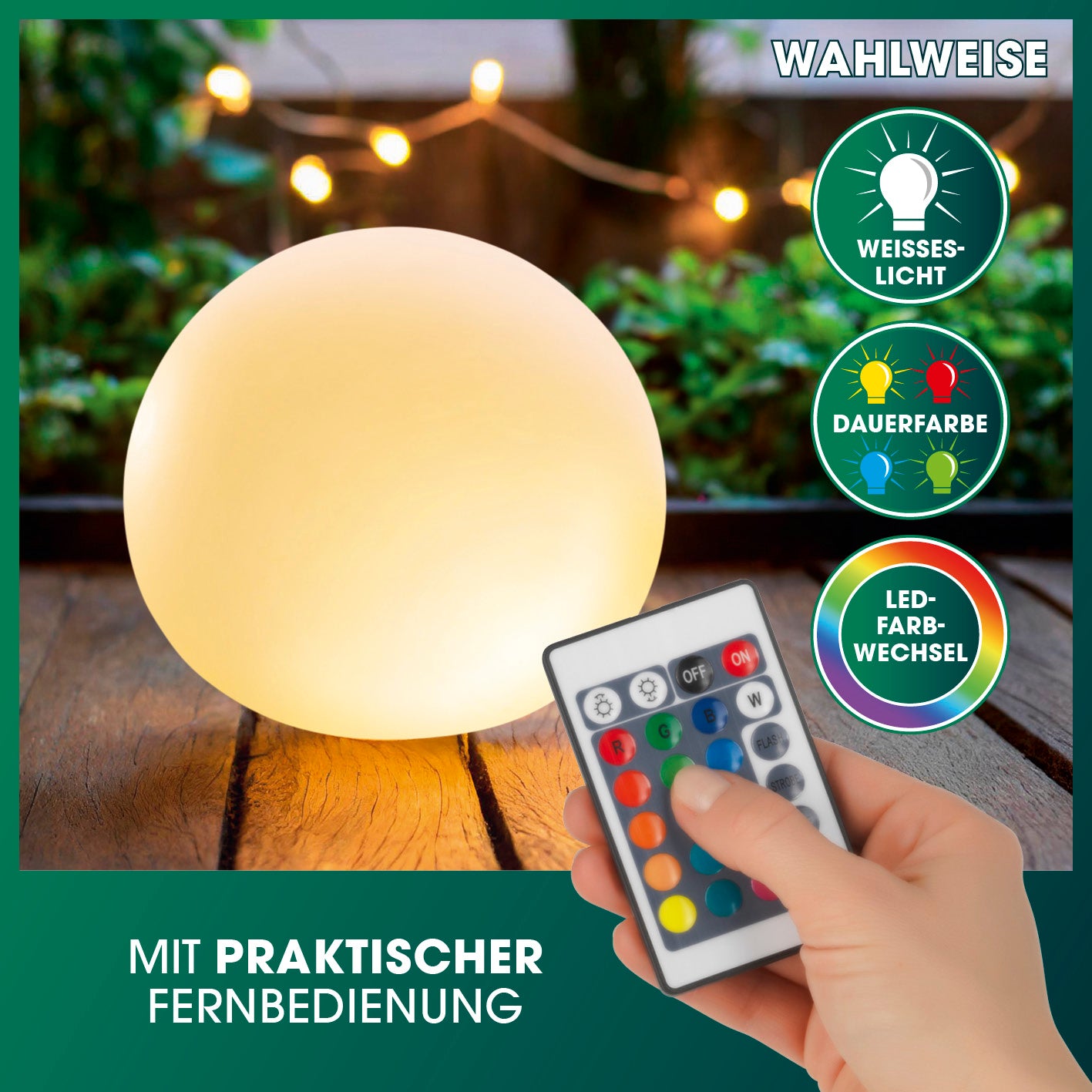 Solarleuchte Kugel - 20 cm - 2er-Set mit praktischer Fernbedienung, warmweißem Licht und LED-Farbwechsel, Galerie Position 6 quadratisch