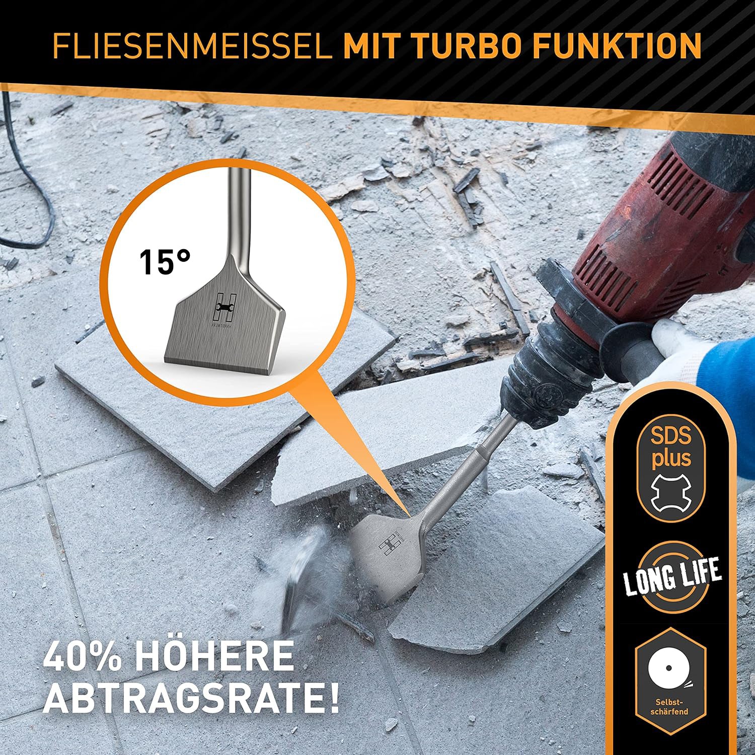 Fliesenmeißel für Bohrhammer mit Turbo Funktion, 15° Neigung, SDS plus, langlebig, selbstschärfend, für Fliesen und Klebereste.