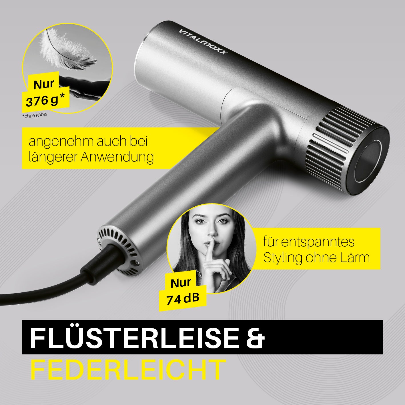 Slim Hairdryer im schlanken Design, nur 376 g, flüsterleise mit 74 dB für komfortables Styling ohne Lärm