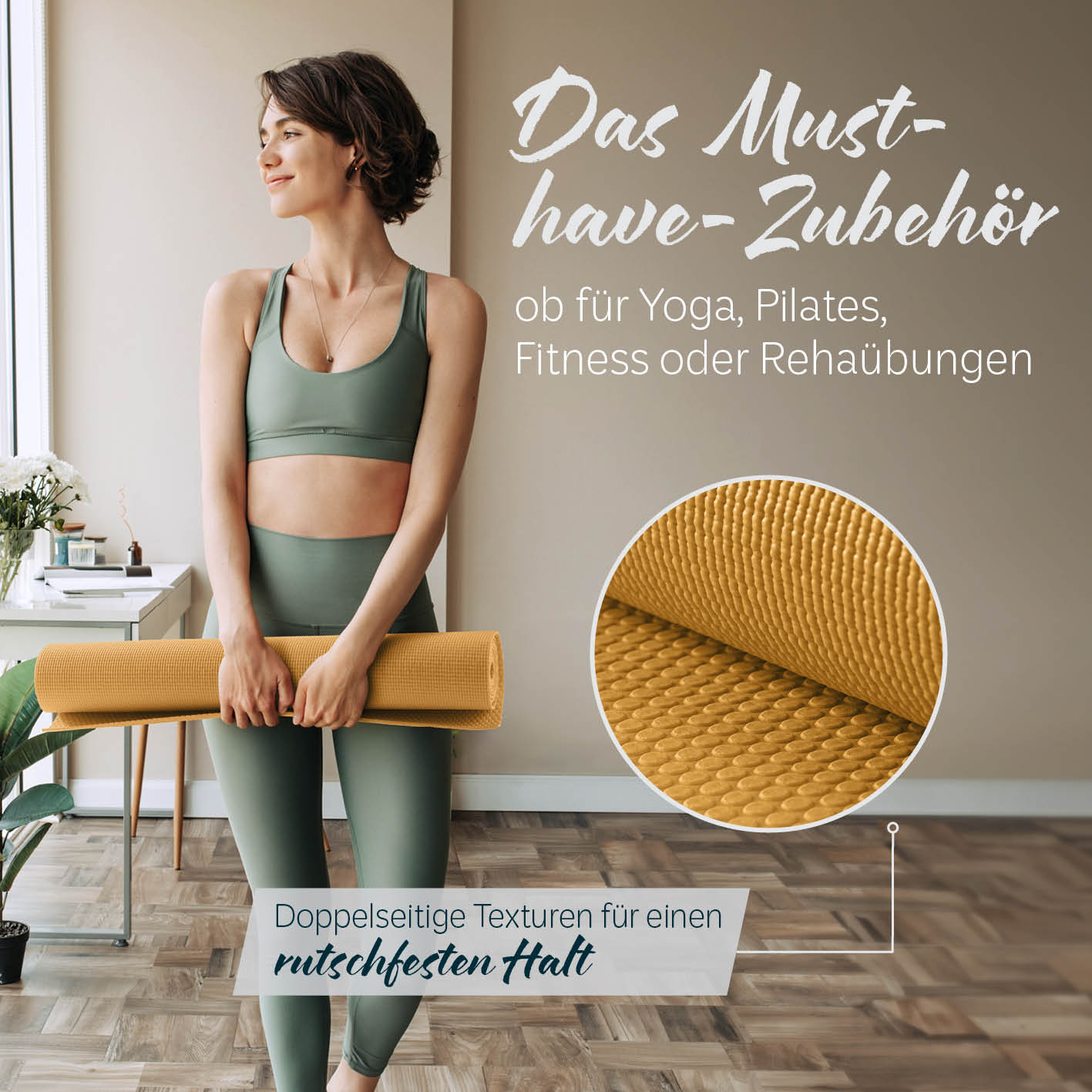 Yogamatte Kirana - 183 x 61 x 0,4 cm - Curry mit rutschfester Oberfläche, weich und flexibel für Yoga, Pilates und Fitness.