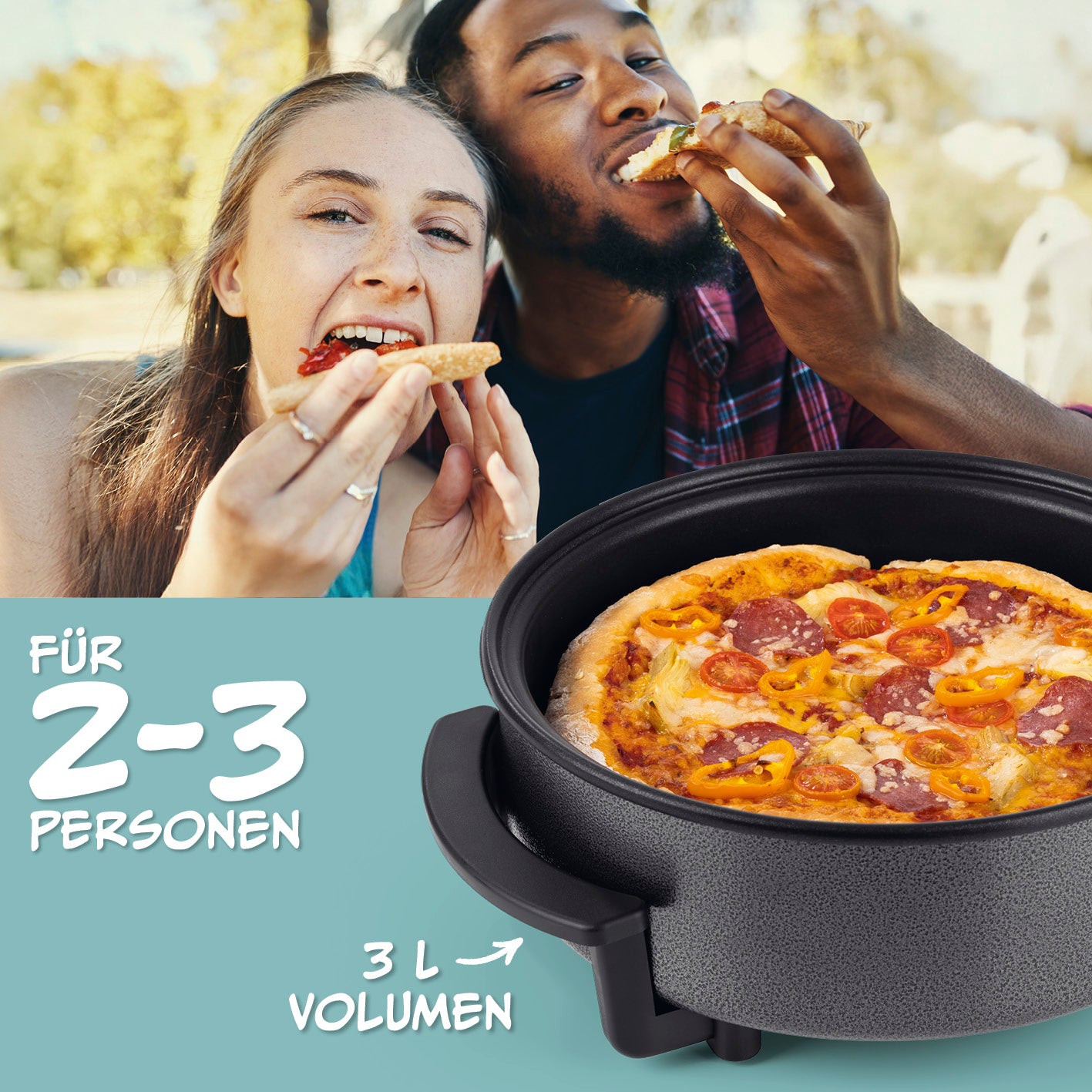 Elektrische Partypfanne - Ø 30 cm mit 3L Volumen, ideal für 2-3 Personen, flexibles Kochen von Pizza, Pasta und mehr ohne Herd.