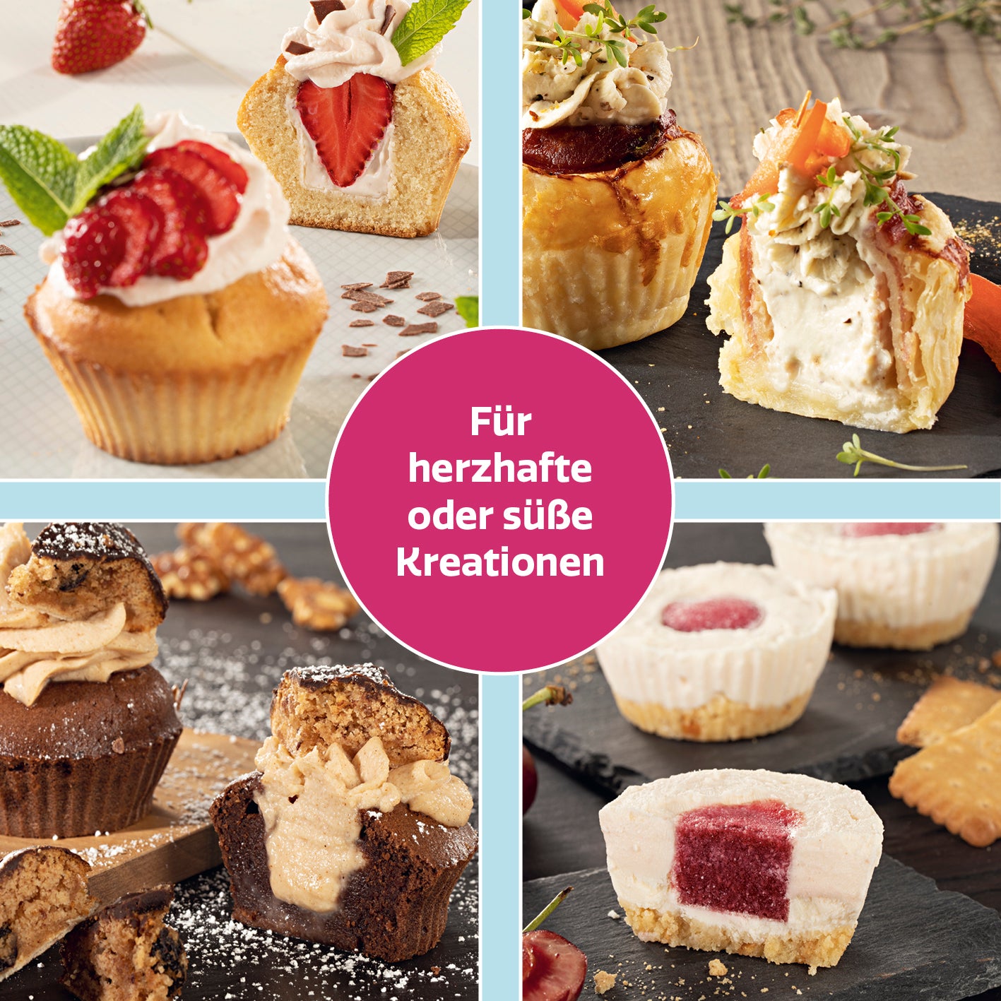 CuCap Back-Set für Cupcakes, Muffins & Mehr mit praktischer Zentrierhilfe für gefüllte süße und herzhafte Backkreationen.