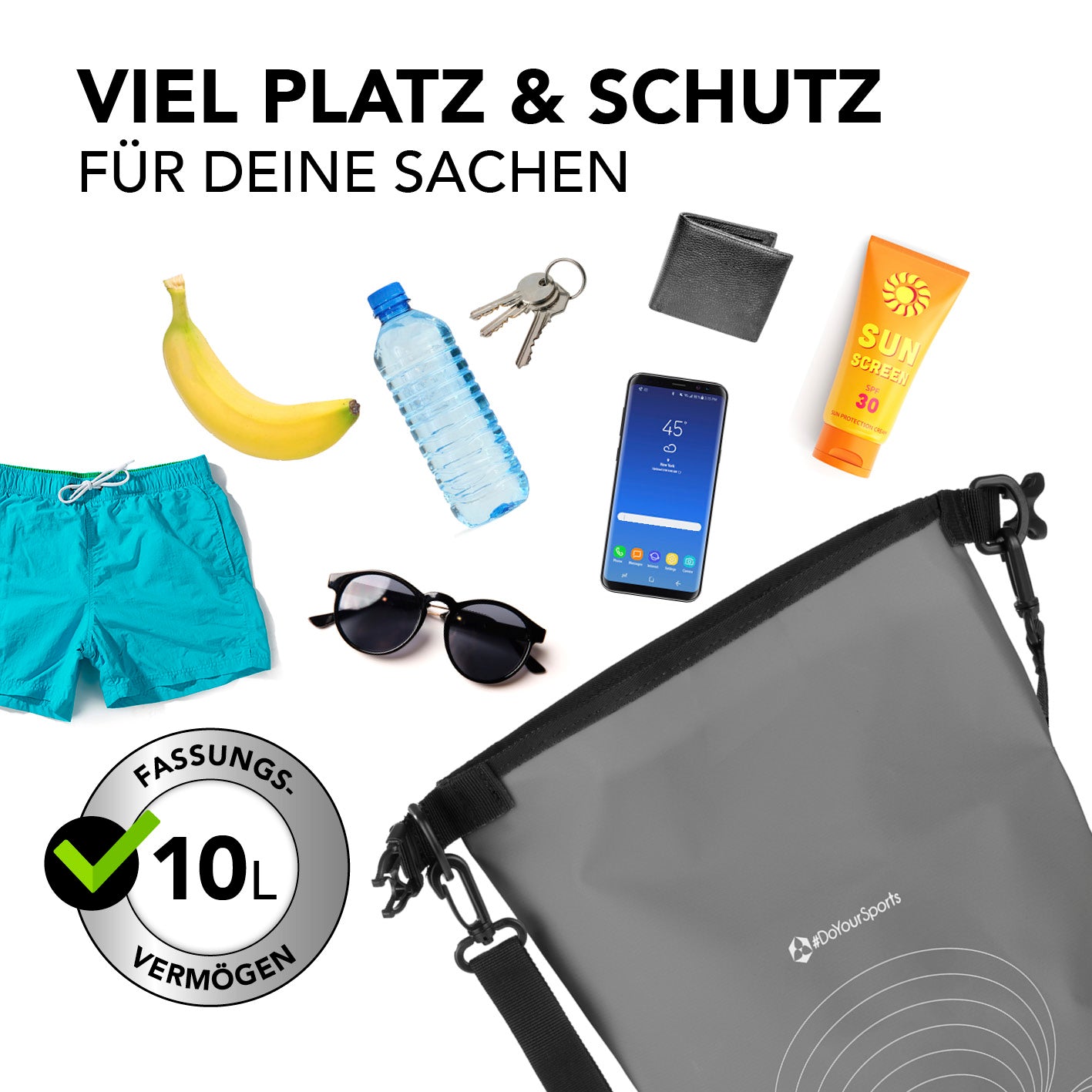 Dry Bag 10L - Grau wasserdichter Rucksack mit 10L Fassungsvermögen, robust und ideal für Outdoor-Aktivitäten und Wertsachenschutz.