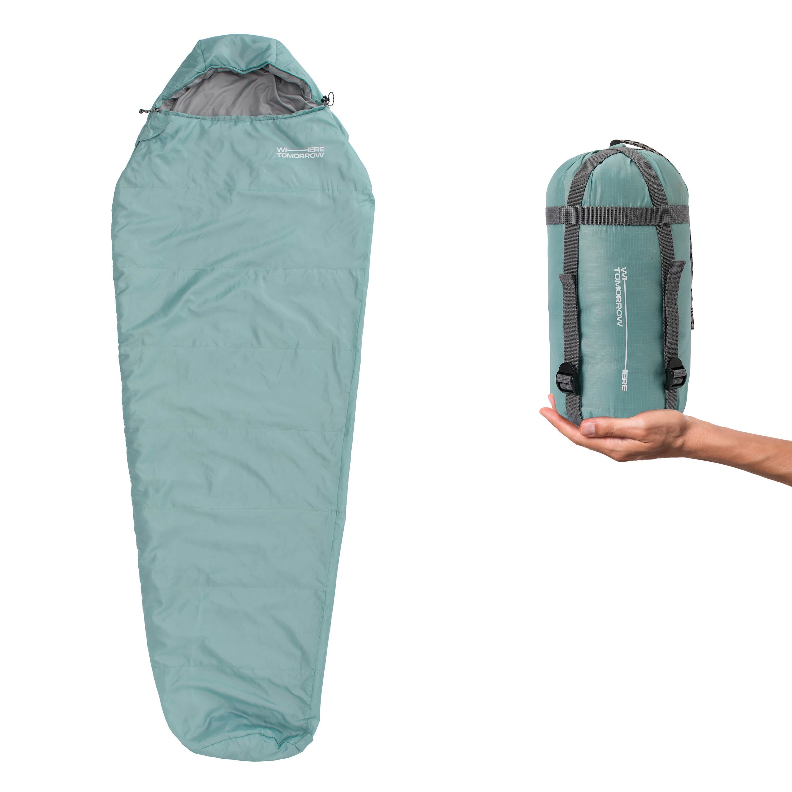 Camping Schlafsack Small & Light hellblau, wasserabweisend, mit Tasche, 220 x 80 x 50 cm, kompakt und für Temperaturen bis -5 °C.