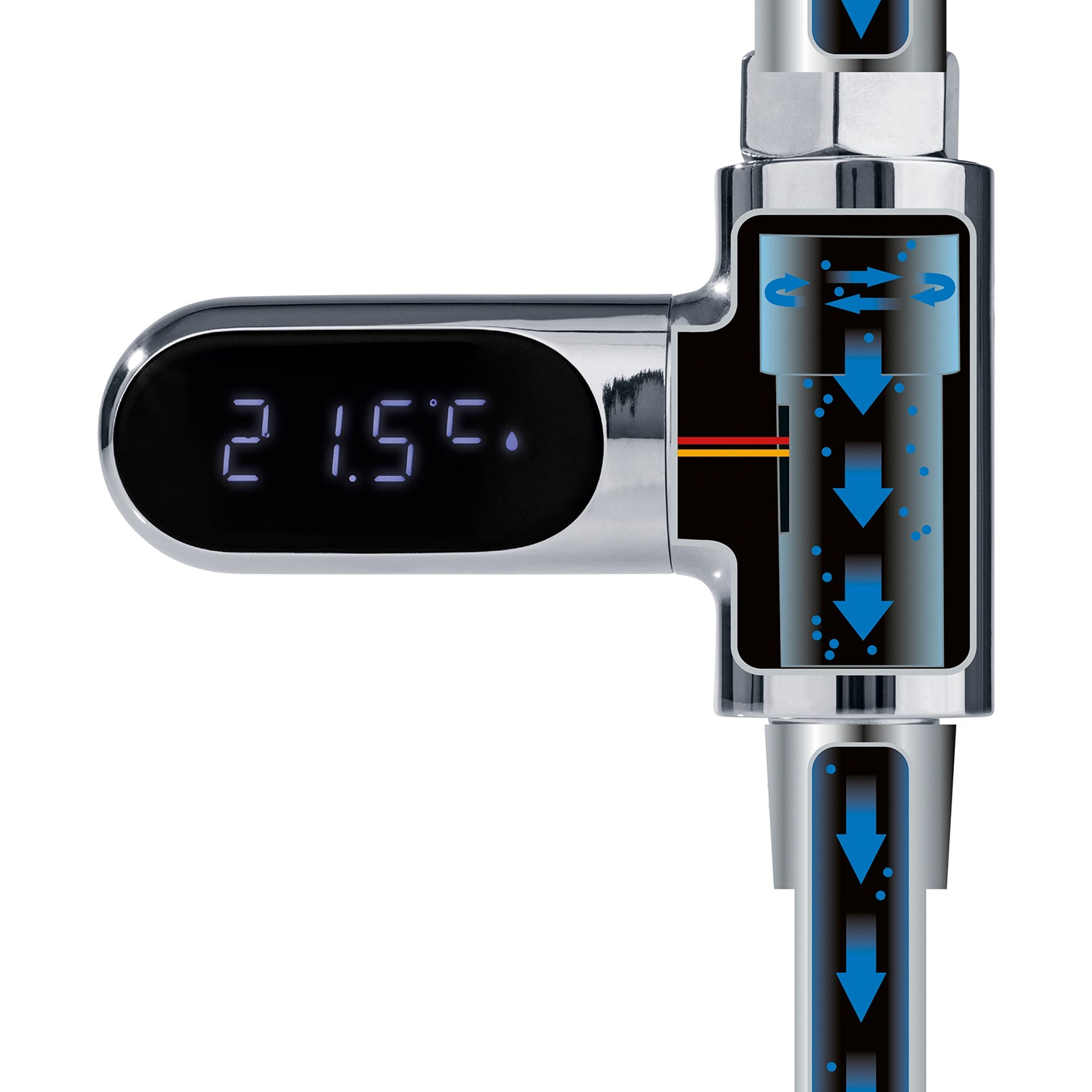 Thermometer für Wasserarmaturen - chromfarben mit LED-Temperaturanzeige, gradgenau und einfache Montage, ideal für Dusche oder Badewanne.