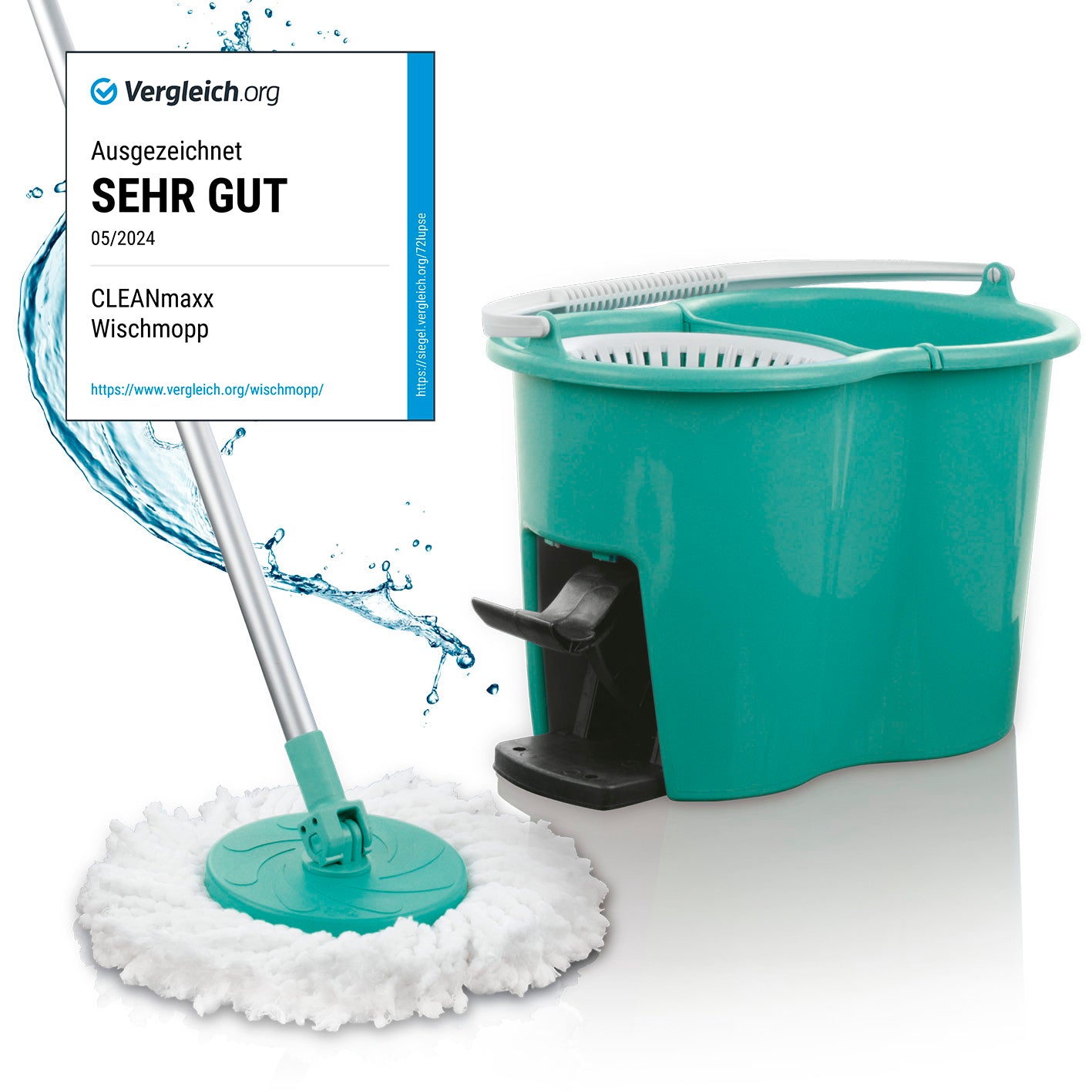Power-Wischmopp - Zwei-Kammer-Filtersystem türkis mit Eimer und auswringbarem Moppaufsatz für streifenfreie Sauberkeit auf Laminat und Fliesen.
