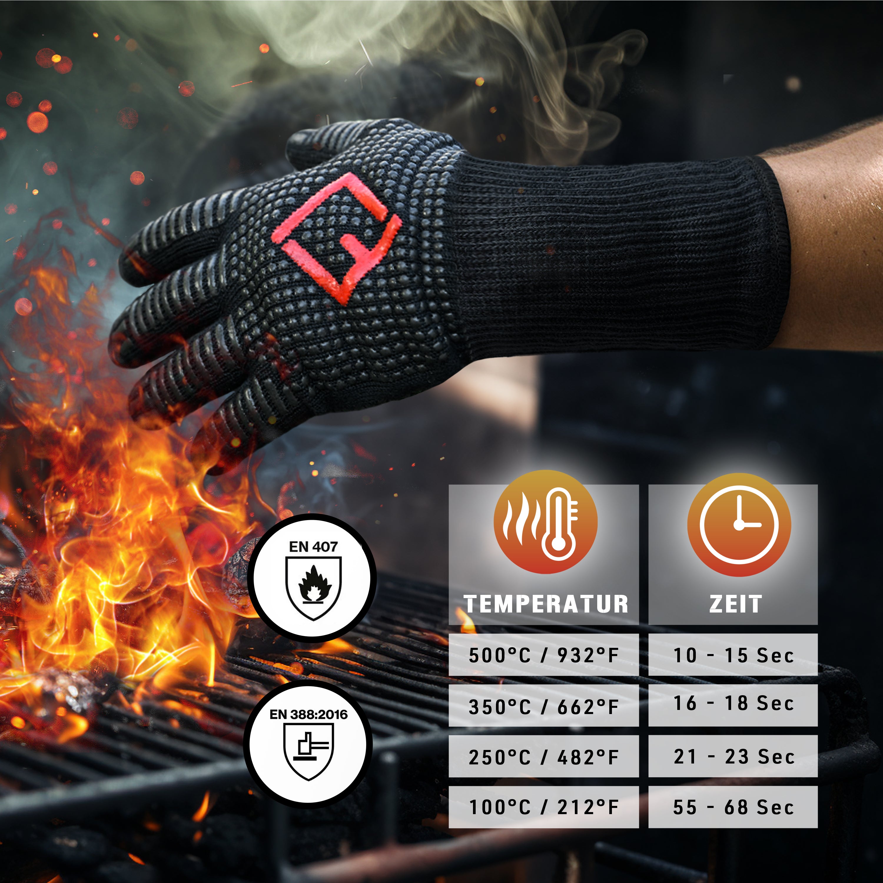 Grillhandschuhe - Größe L aus hitzebeständigem Aramid mit Silikon für sicheren Halt und optimalen Schutz bis 500 Grad.