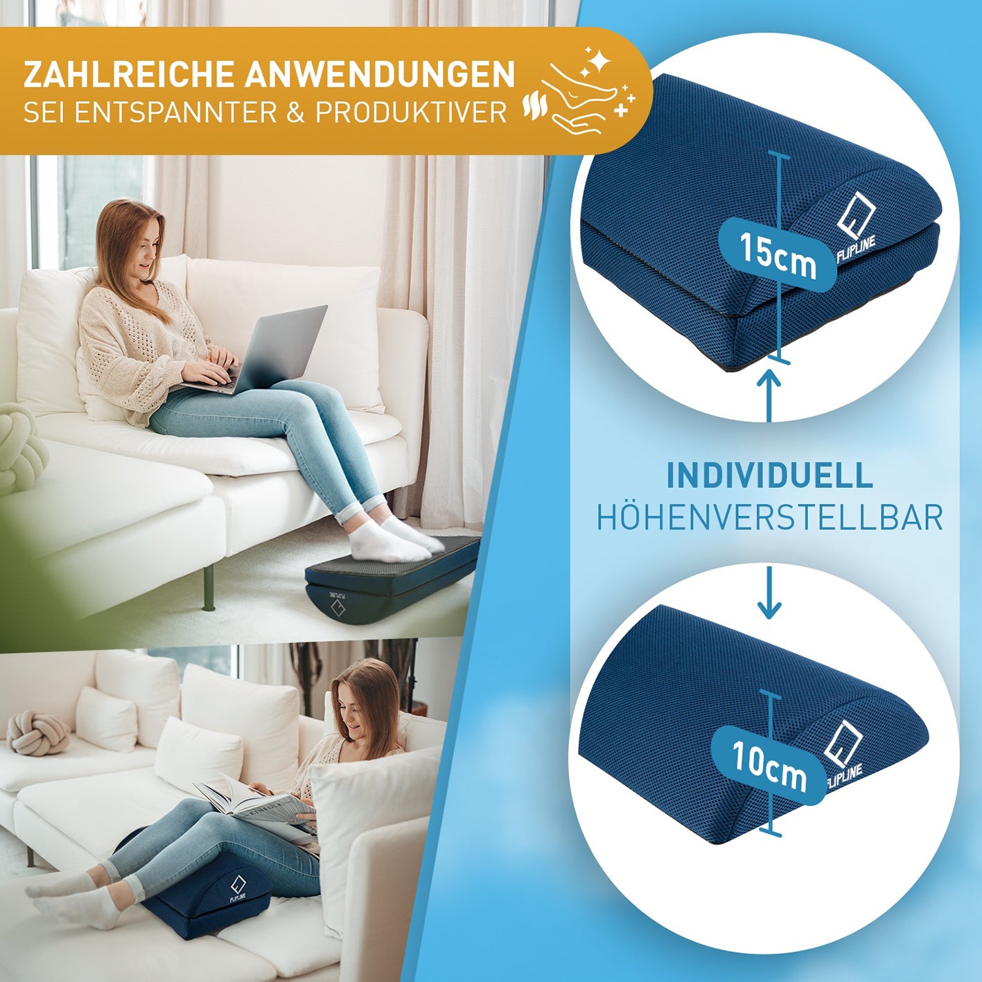 Schreibtisch-Fußstütze Mesh - Blau mit höhenverstellbarem ergonomischem Design für mehr Komfort im Büro und Zuhause.