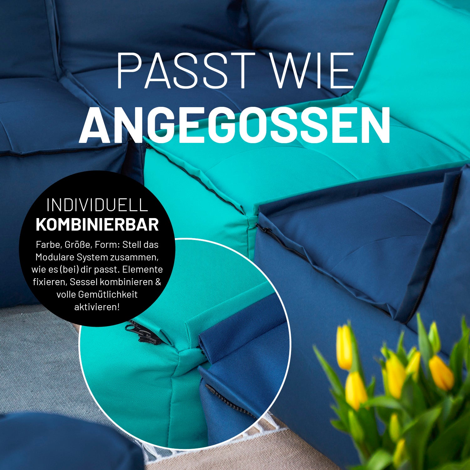 Sitzsack-Sofa Sessel (400 L) modular kombinierbar, indoor & outdoor, mit abnehmbarem Bezug in Türkis und Dunkelblau.