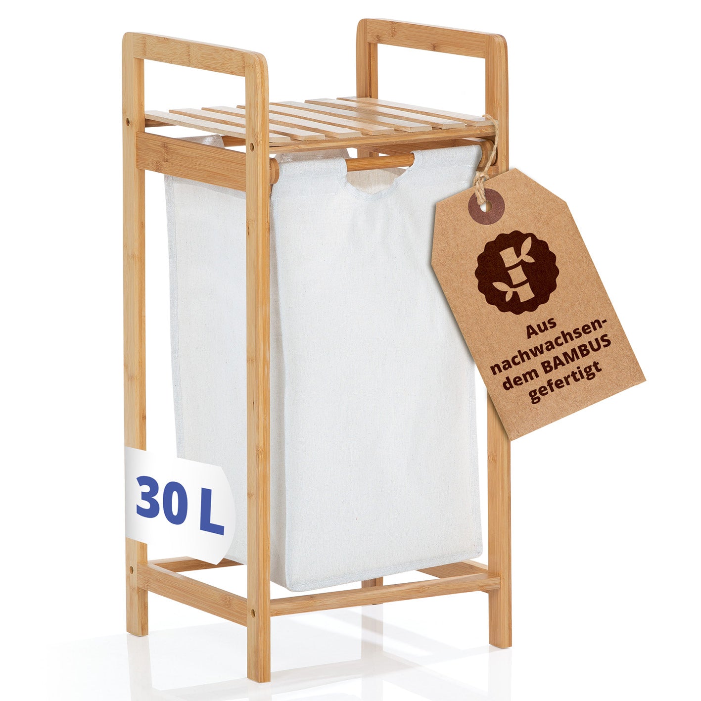Bambus Wäschekorb mit ausziehbarem Wäschesack - 33 x 33 x 73 cm - Weiß, robust, pflegeleicht, mit 30 l Fassungsvermögen aus nachhaltigem Bambus.
