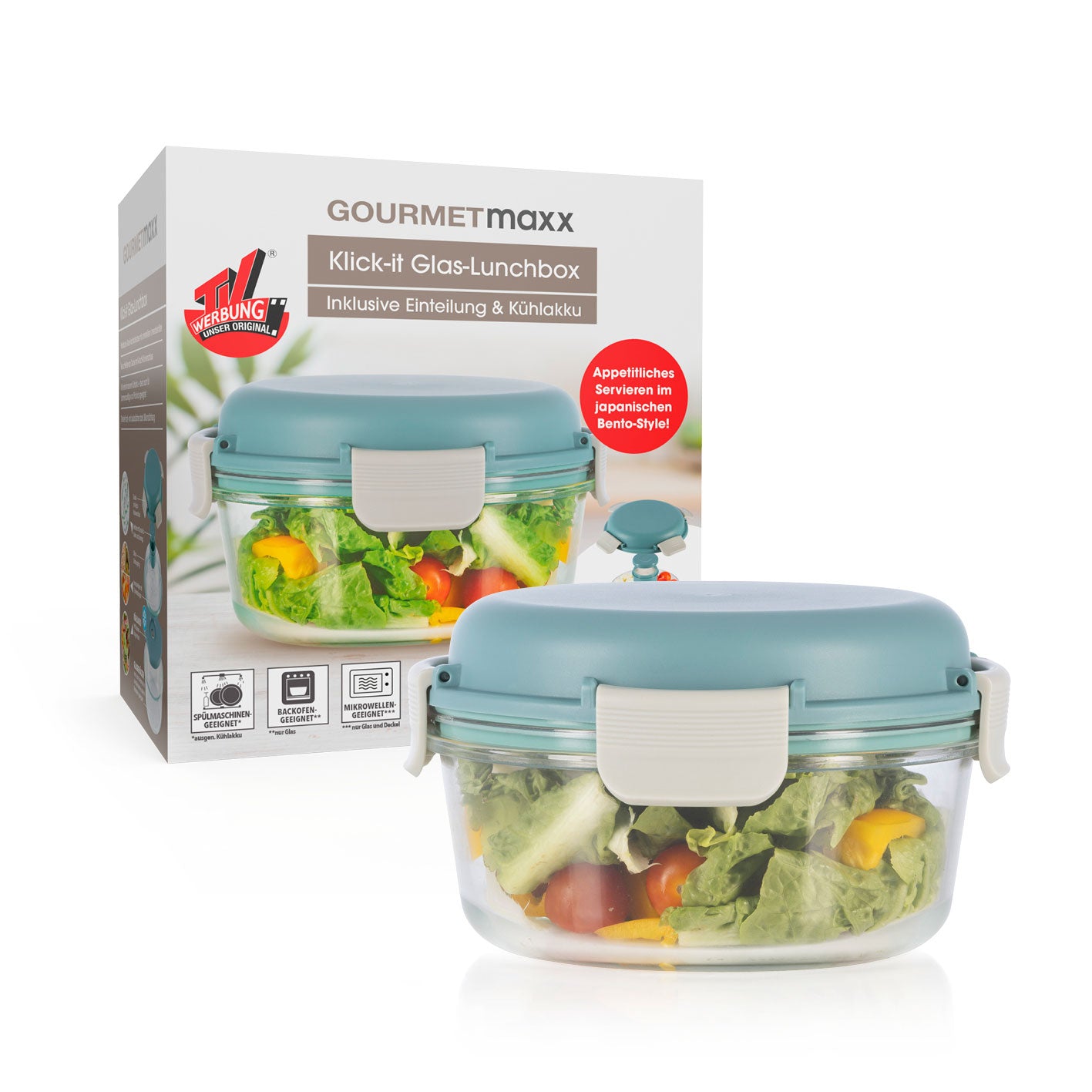 Glas-Lunchbox Klick-it mit integriertem Kühlakku 950 ml grau/grün, Frischhaltedose mit 4-fach Klickverschluss und Silikondichtung.