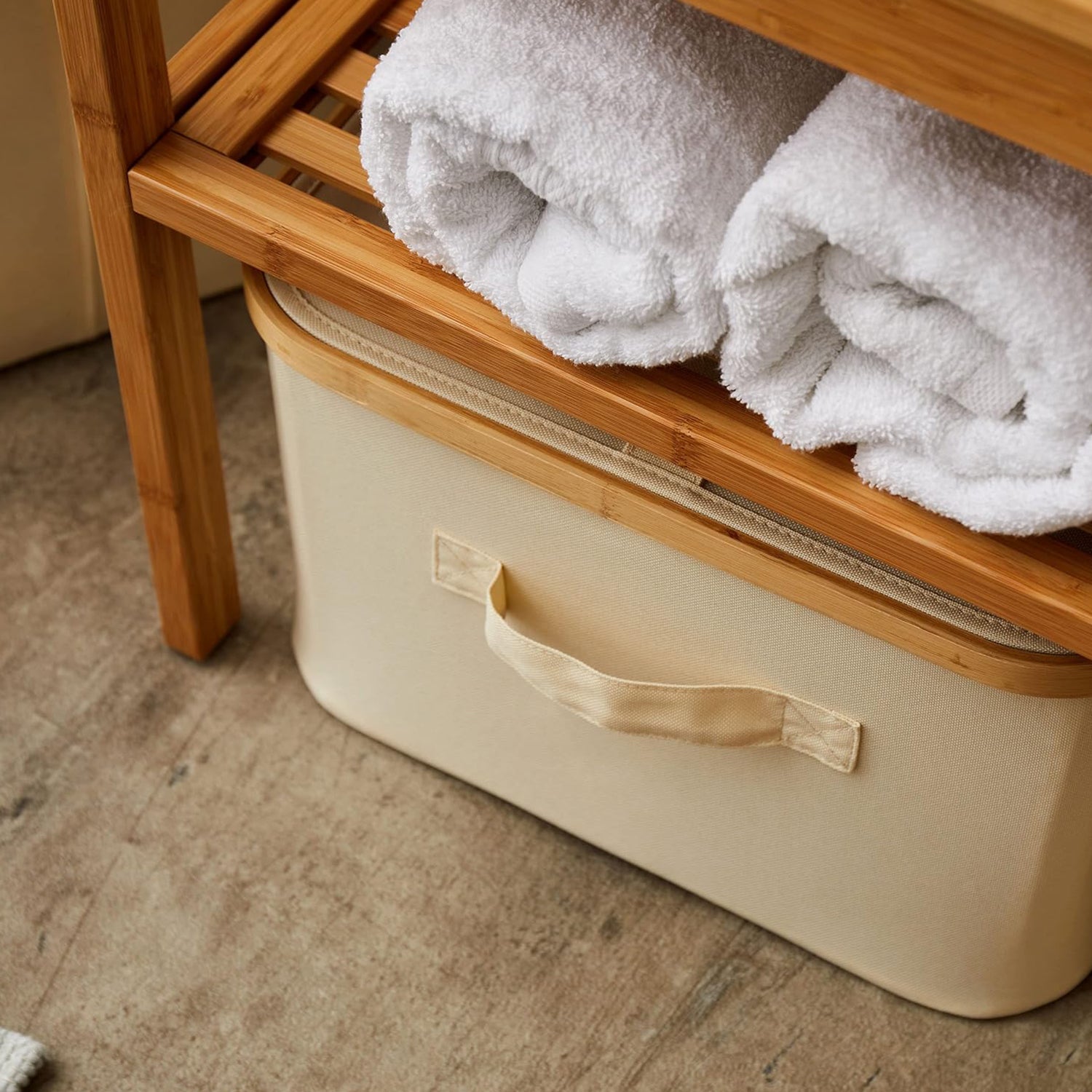Aufbewahrungsbox mit Bambus-Rahmen - 3er-Set - Taupe, faltbar, mit Deckel, stabil und platzsparend, ideal für Bad und Wohnzimmer.