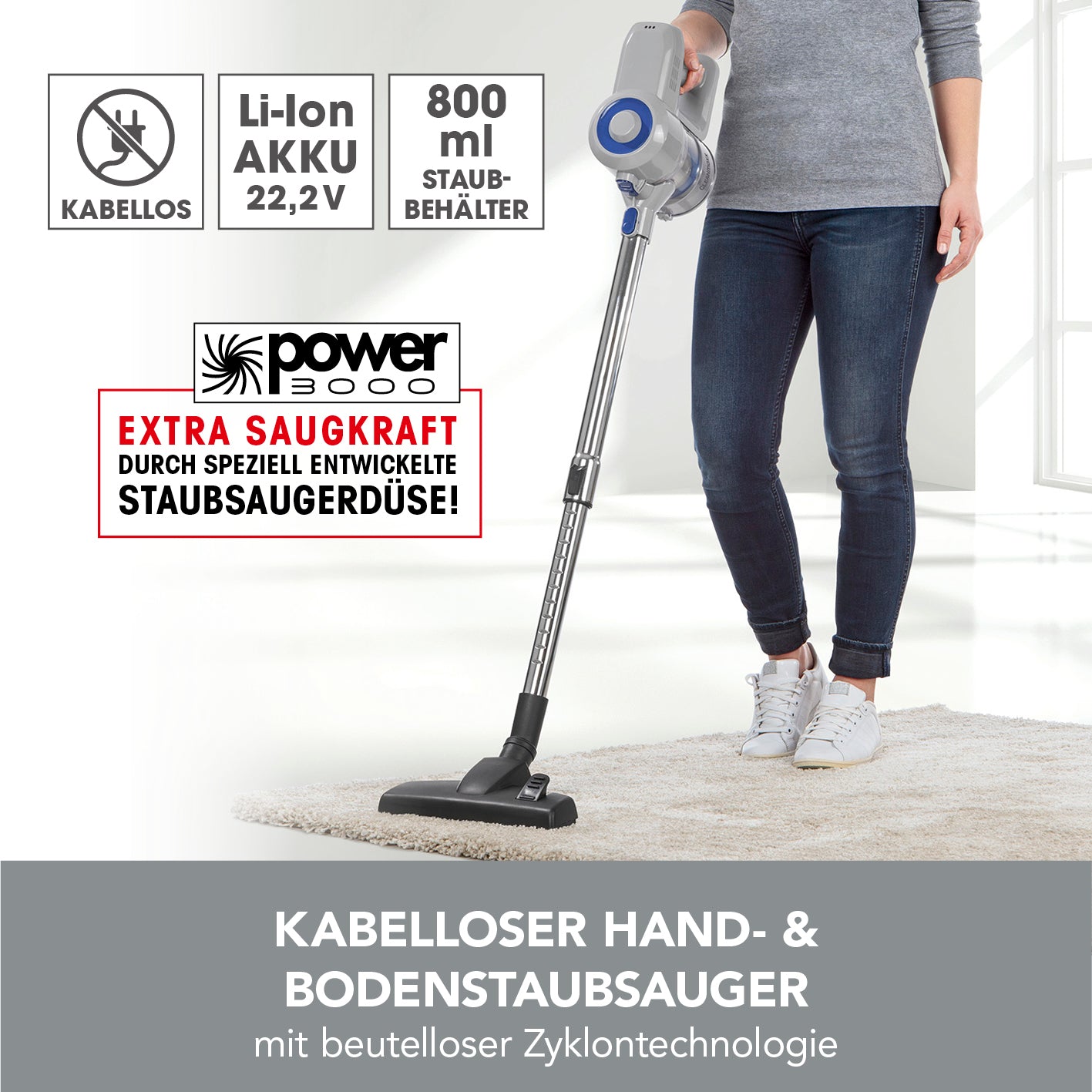 Akku-Zyklon-Staubsauger - hellgrau/blau kabelloser Hand- & Bodenstaubsauger mit 22,2 V Akku und beutelloser Zyklontechnologie.