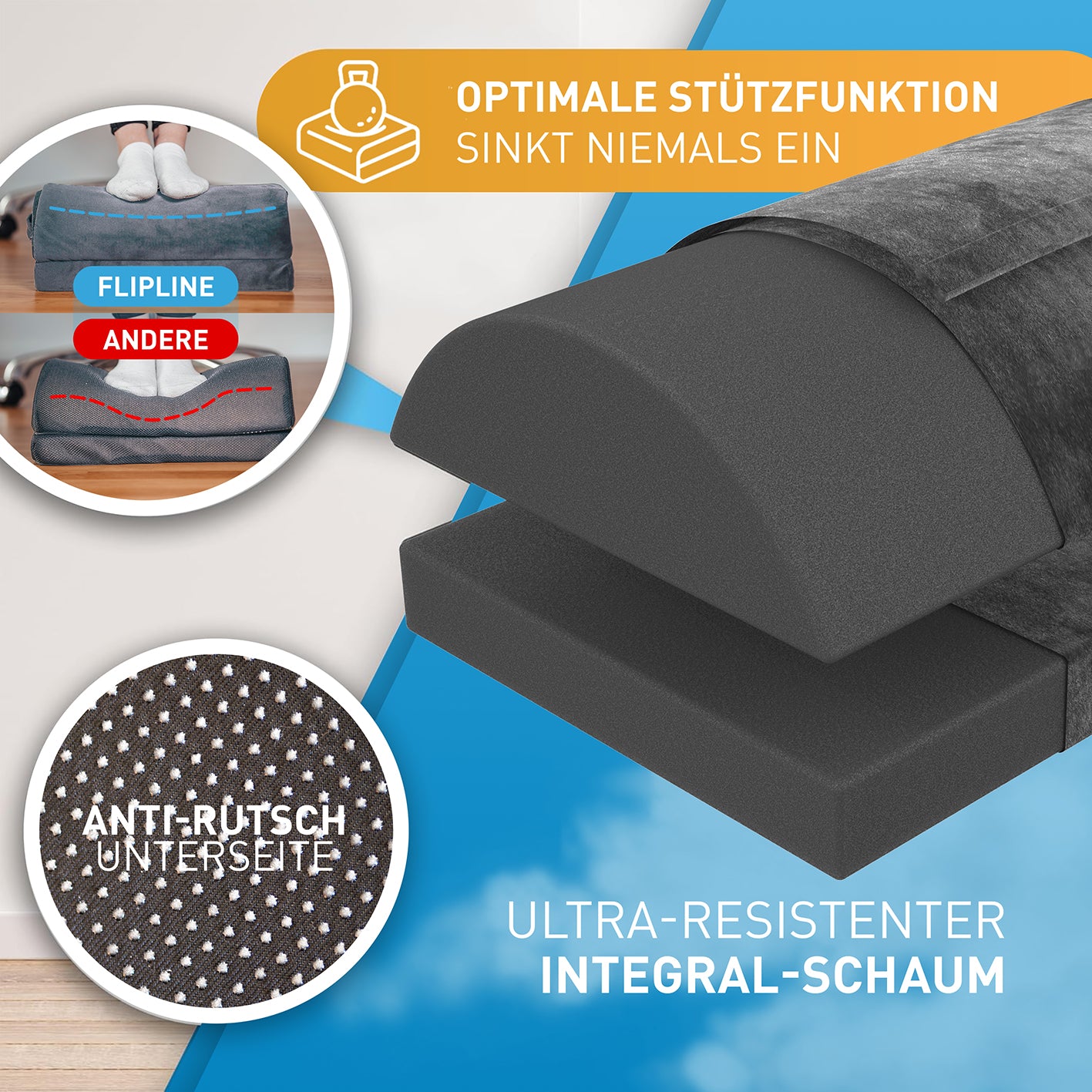 Schreibtisch-Fußstütze mit Fußtasche - Dunkelgrau aus ultra-resistentem Integralschaum mit rutschfester Anti-Rutsch-Unterseite.