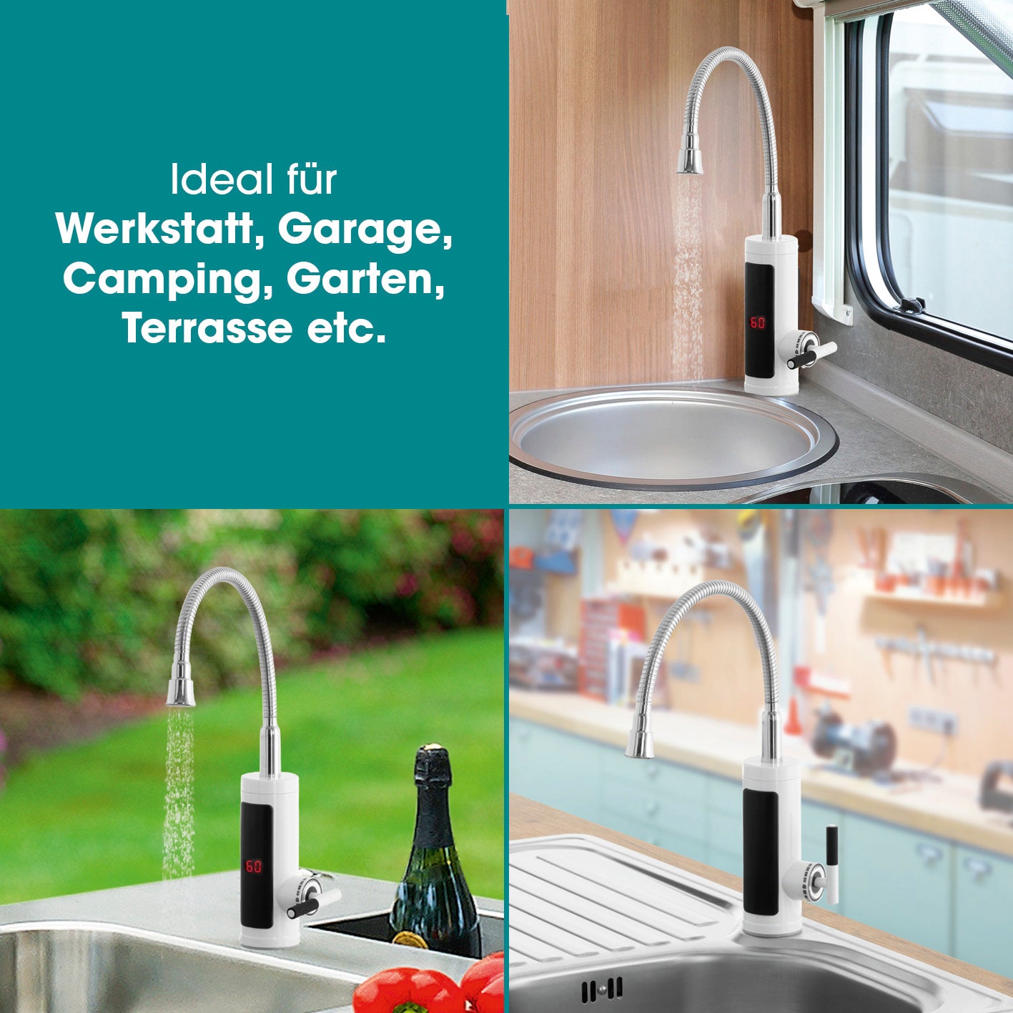 Warm- & Kaltwasserarmatur mit Durchlauferhitzer, digitaler LED-Temperaturanzeige, ideal für Garage, Garten, Terrasse, Werkstatt.