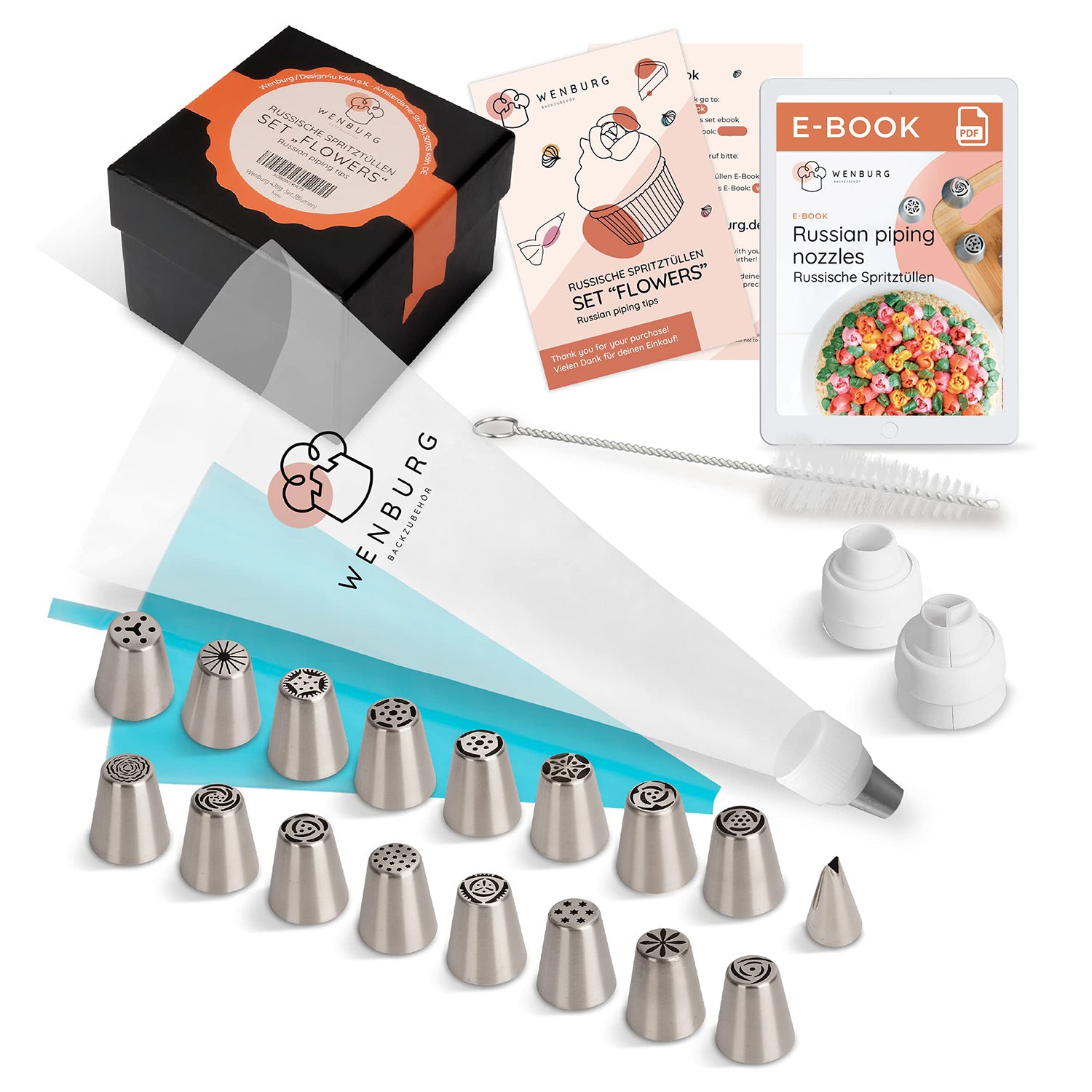 Spritzbeutel-Set mit Tüllen - 43-tlg. mit Edelstahl-Tüllen, Spritzbeuteln, Reinigungsbürste und Geschenkbox für Dekoarbeiten.