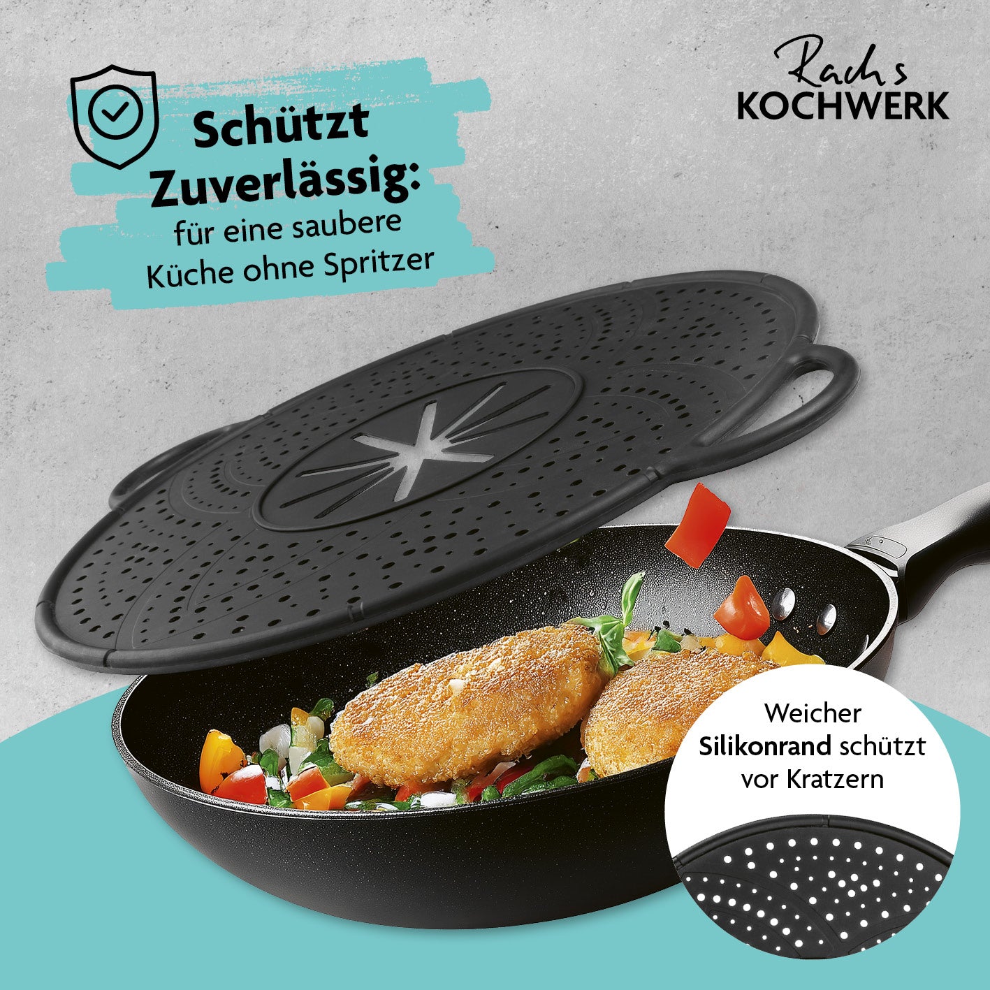 Silikon Spritzschutz 4-in-1 Ø 30 cm schützt zuverlässig vor Fettspritzern und Kratzern, passend für Töpfe bis 30 cm Durchmesser.