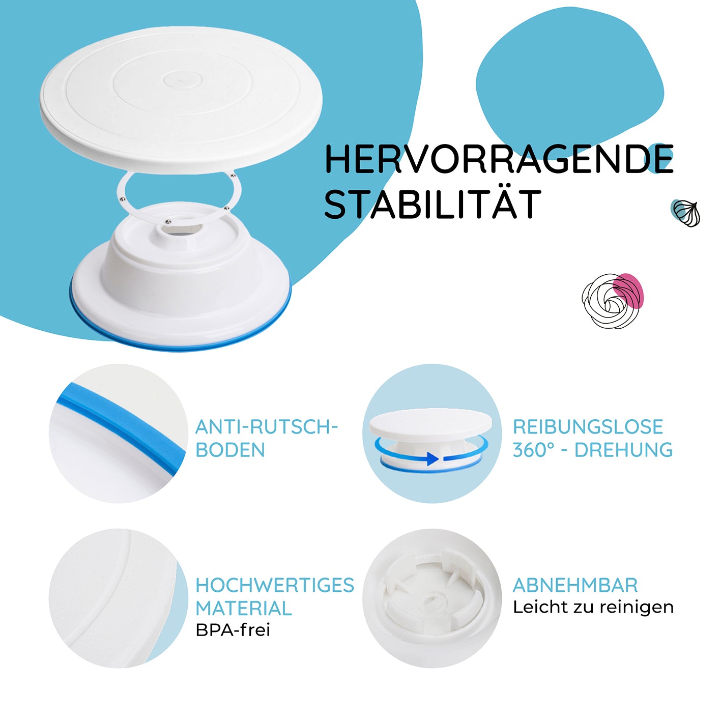 Drehbare Tortenplatte - 28 cm - 51-tlg. mit antibakteriellem Boden, 360° Drehung, BPA-freiem Material und leicht abnehmbar zur einfachen Reinigung.