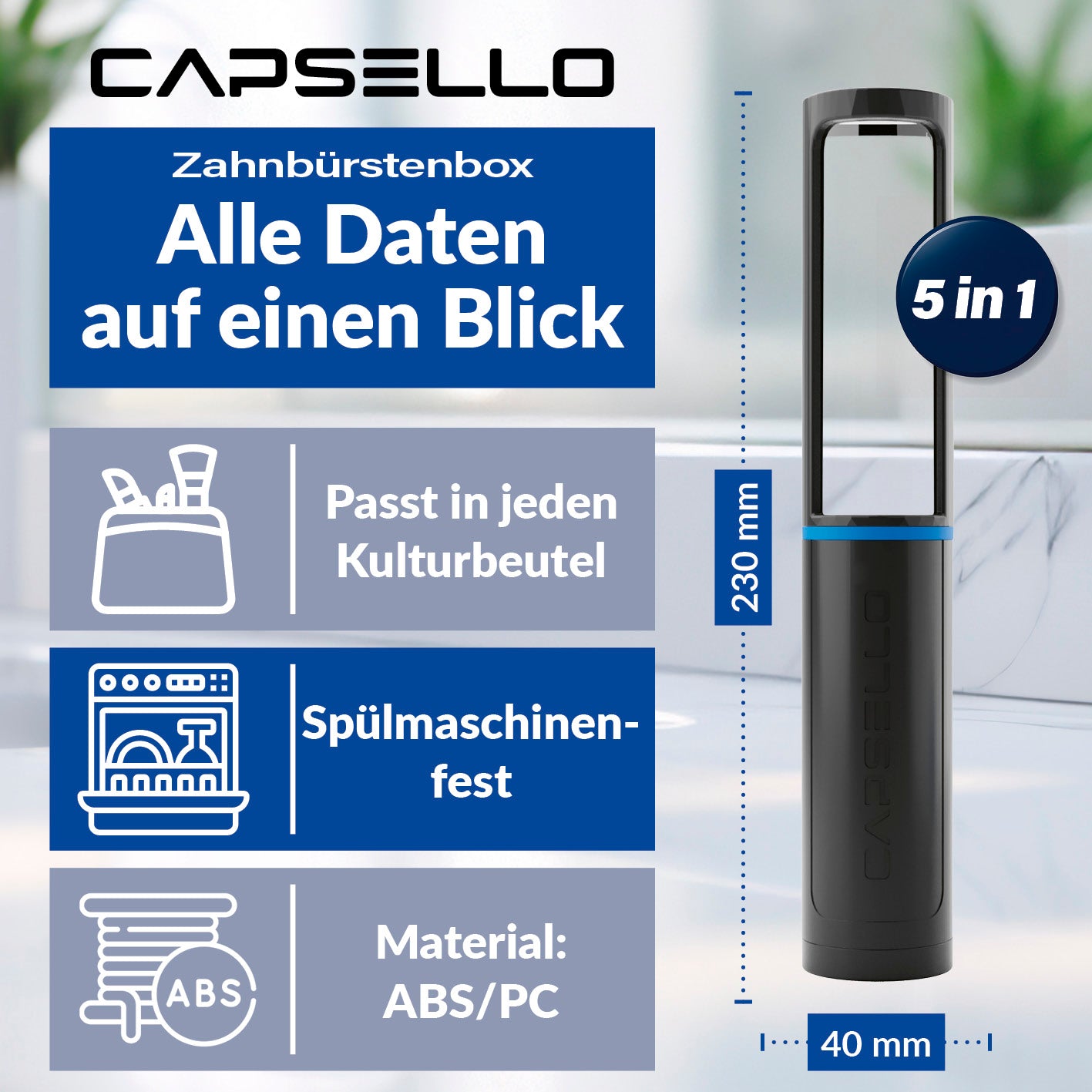 Zahnbürstenbox - schwarz - 2er-Set mit 5-in-1 Funktion, spülmaschinenfest, kompakt und universell passend für Kulturbeutel.