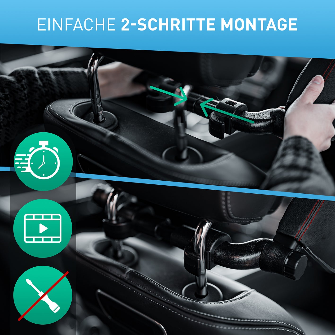 Auto-Kopfstütze - schwarzes Leder mit roten Nähten, einfach montierbar ohne Werkzeug, für fast alle Autokopfstützen geeignet.