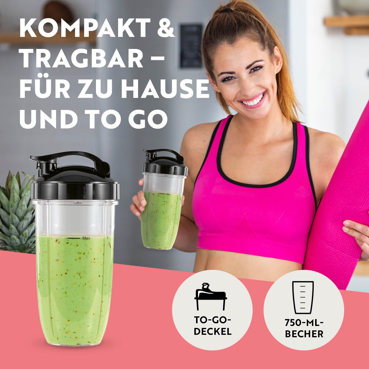 Nutrition Mixer mit kompakter Bauweise, 750-ml-Becher und To-go-Deckel für frische Smoothies zu Hause und unterwegs.