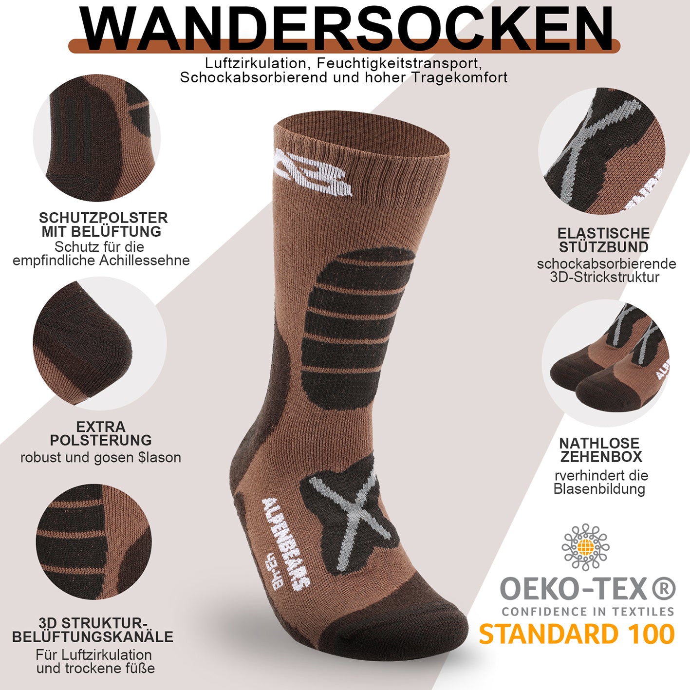 Wandersocken Merino Wolle - 2er-Set - Braun - Größe 39-42 mit Polsterung, atmungsaktiv, nahtlos und elastischem Stützbund für Komfort beim Wandern.