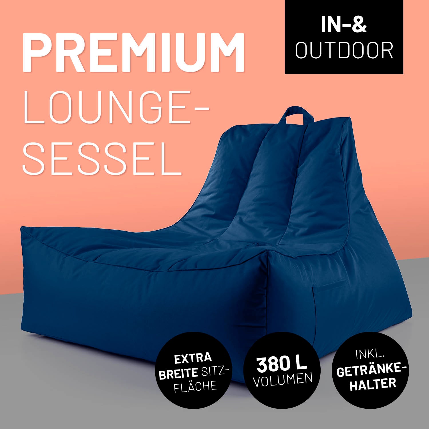 Premium Lounge-Sessel - 380 L - 100 x 100 x 80 cm - Navyblau mit wasserabweisender Hülle und integriertem Getränkehalter für innen und außen.