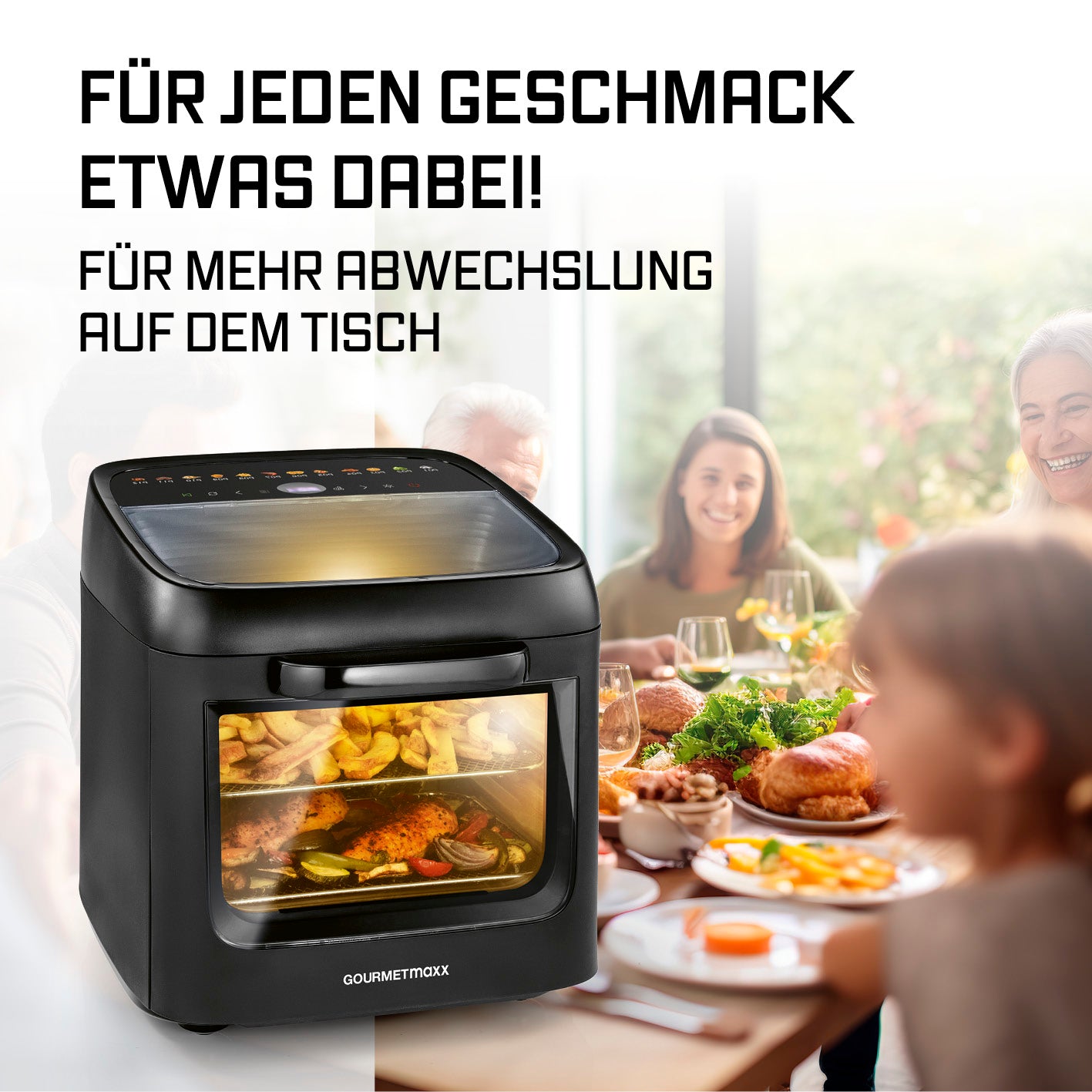 Heißluftofen mit Panoramadach und Frontfenster - 12,5 l, kompakt mit großem Garraum und XXL-Zubehör für familienfreundliches Kochen.