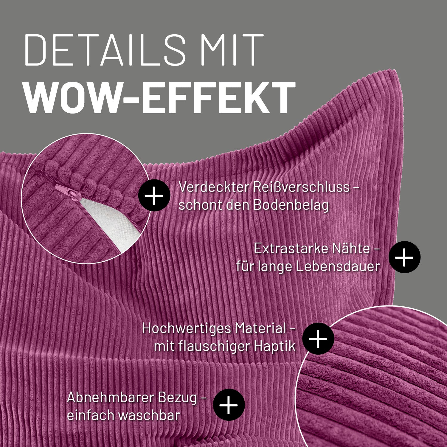 Sitzsack Classic XXL aus der LUMALAND Cord-Reihe - 380 L - 140 x 180 cm - Weinrot mit abnehmbarem Bezug und extra starken Nähten