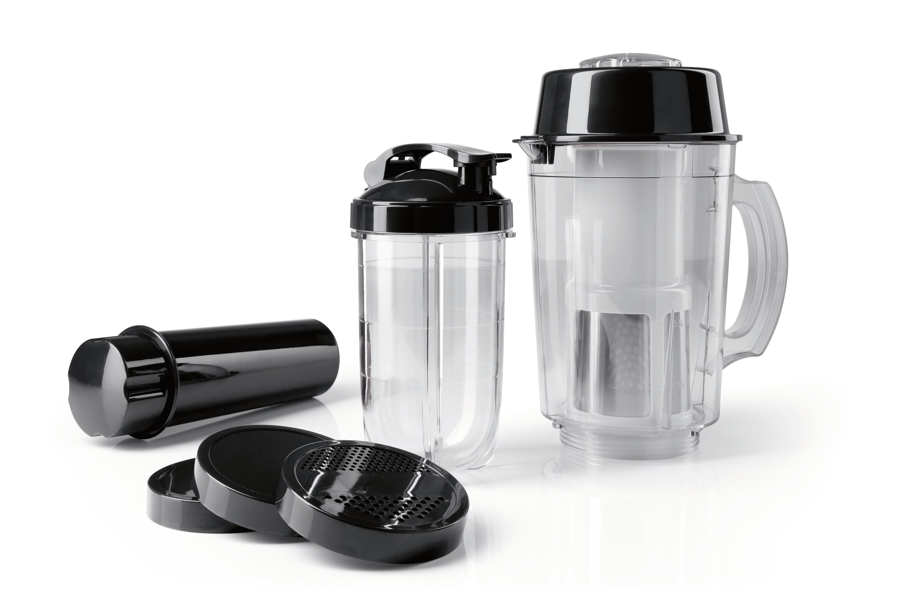 Zubehörset L für Mr. Magic Power 400 Pro - Schwarz mit Entsafteraufsatz, Bechern, Deckeln und praktischen Küchenhelfern.