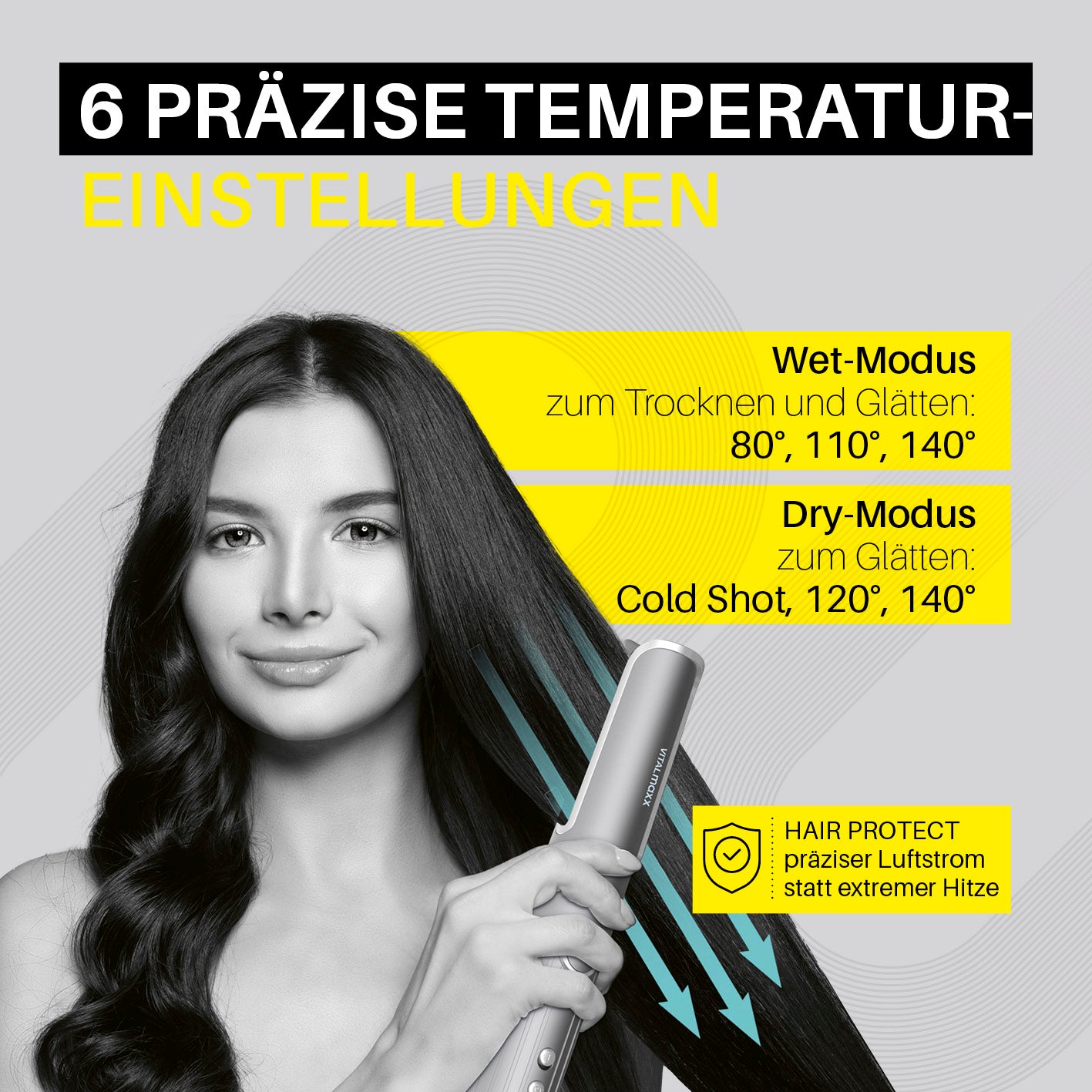 STYLE & SHINE by VITALmaxx Straight & Air Styler mit 6 präzisen Temperaturen für schonendes Trocknen und Glätten bei feuchtem und trockenem Haar