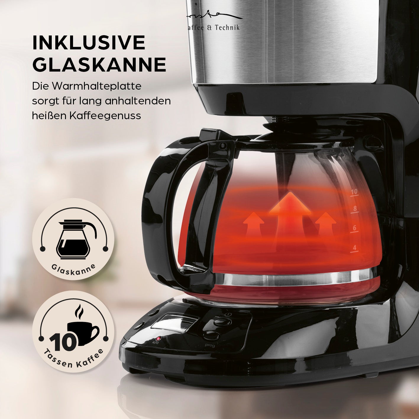 Filterkaffeemaschine mit digitalem Display, Timerfunktion und inklusiver Glaskanne für bis zu 10 Tassen Kaffee.