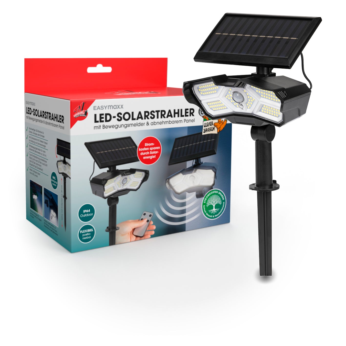 LED-Solarstrahler mit Bewegungsmelder, Solarpanel, Fernbedienung, flexibel positionierbar für Garten und Terrasse.