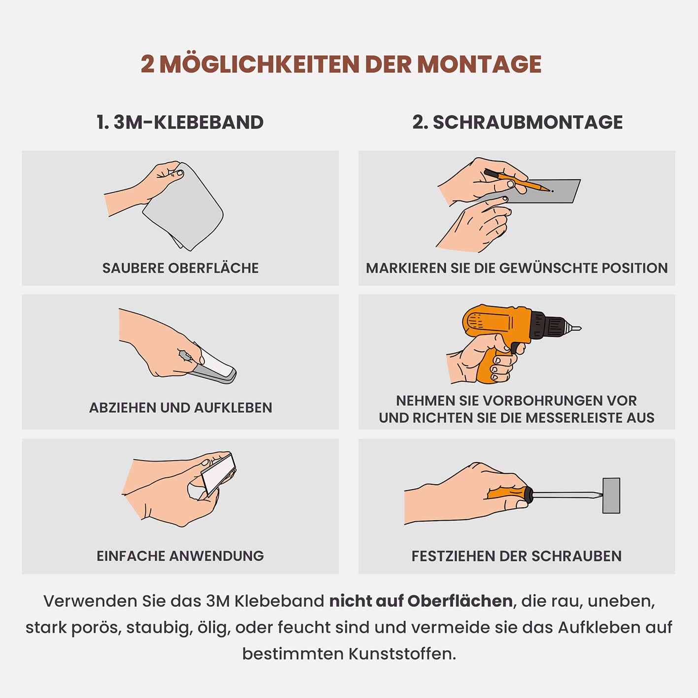Messer-Magnetleiste - selbstklebend - Bambus, Montageanleitung mit 3M-Klebeband und Schraubmontage für einfache Befestigung.