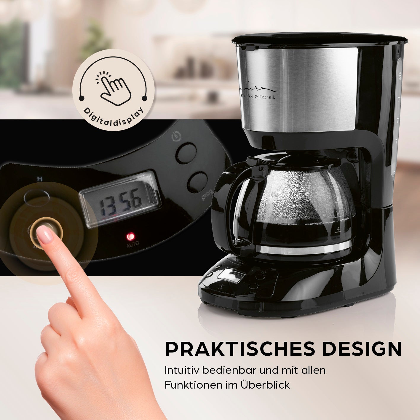 Filterkaffeemaschine mit digitalem Display, Timerfunktion und Glaskanne für bis zu 10 Tassen, benutzerfreundlich und praktisch.