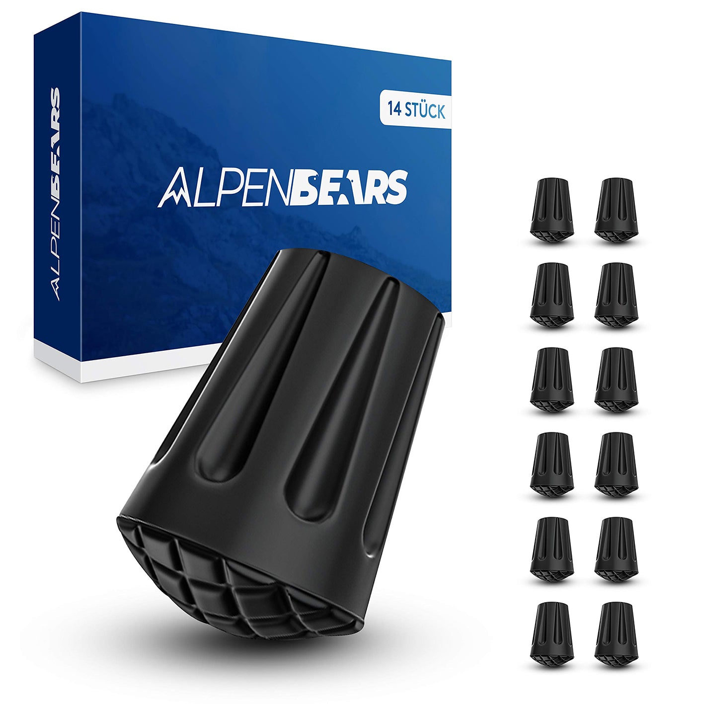 Wanderstock Aufsatz-Set - 14 Stück - Asphalt, schwarze Gummipuffer für Wanderstöcke mit verstärkter Metallplatte und langlebigem Design.