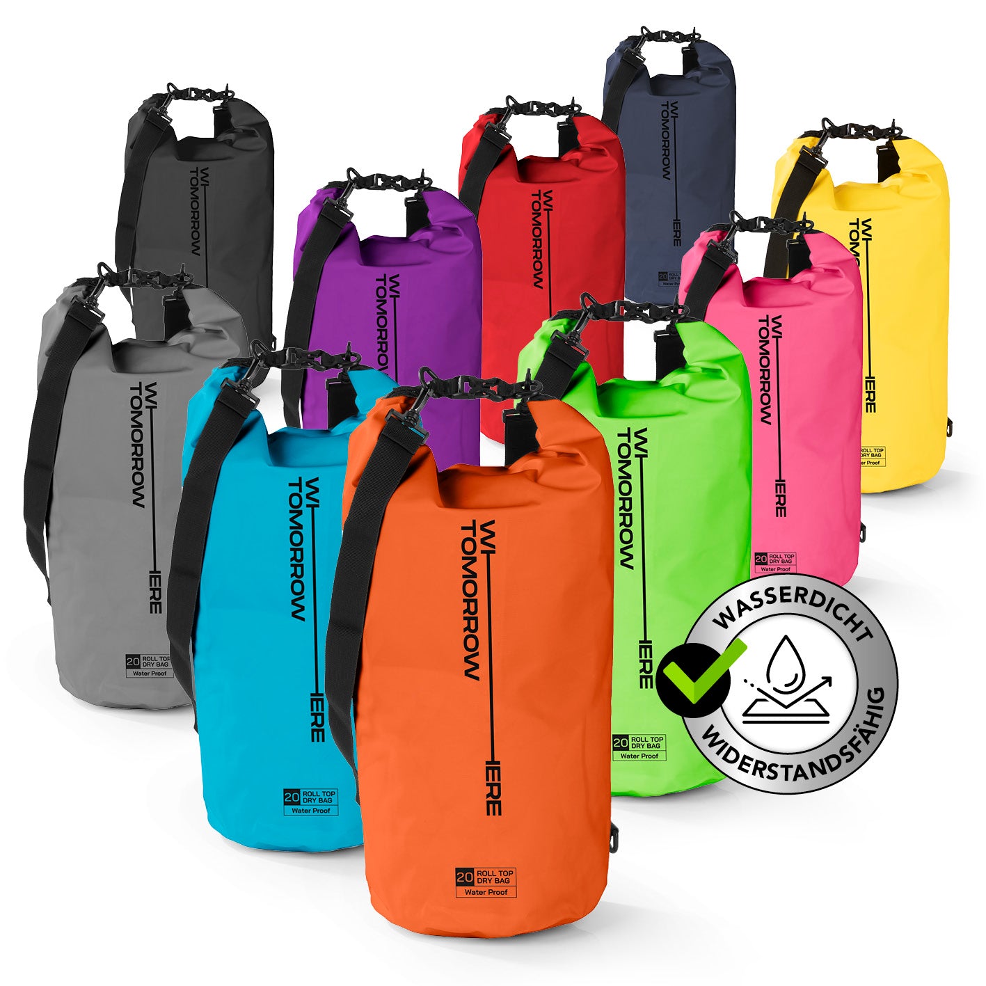 Dry Bag 20L - Style 02 - Orange, wasserdichter Outdoor-Rucksack mit verstellbarem Schultergurt und robustem Rolltop-Verschluss.