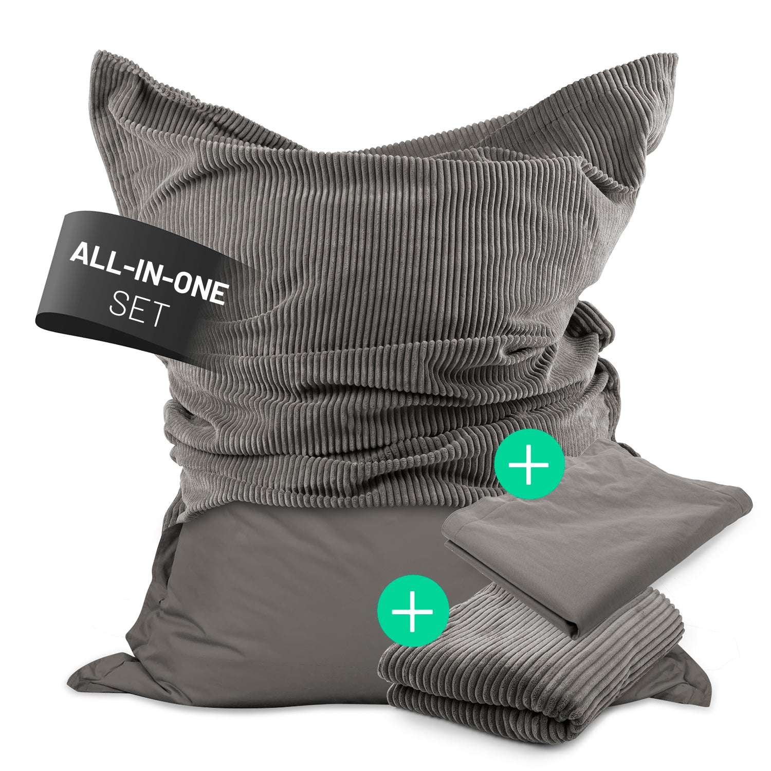 Sitzsack Classic XXL All-in-One Set - 380 L - 140 x 180 cm - Grau mit zwei Bezügen für innen und außen, robust und pflegeleicht.