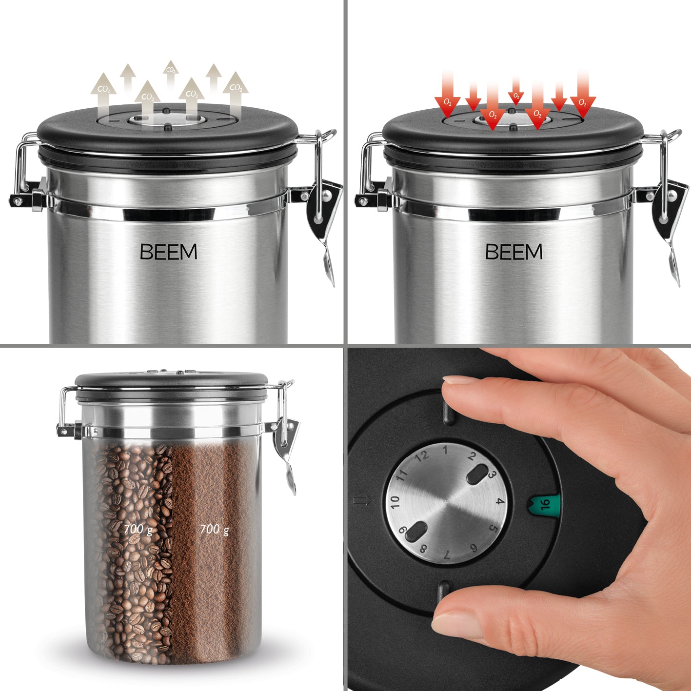 KAFFEEDOSE Vorratsdose mit Dosierlöffel - 1,9 l - 3er-Set aus Edelstahl mit Aromaschutzventil und einstellbarem Einfülldatum.